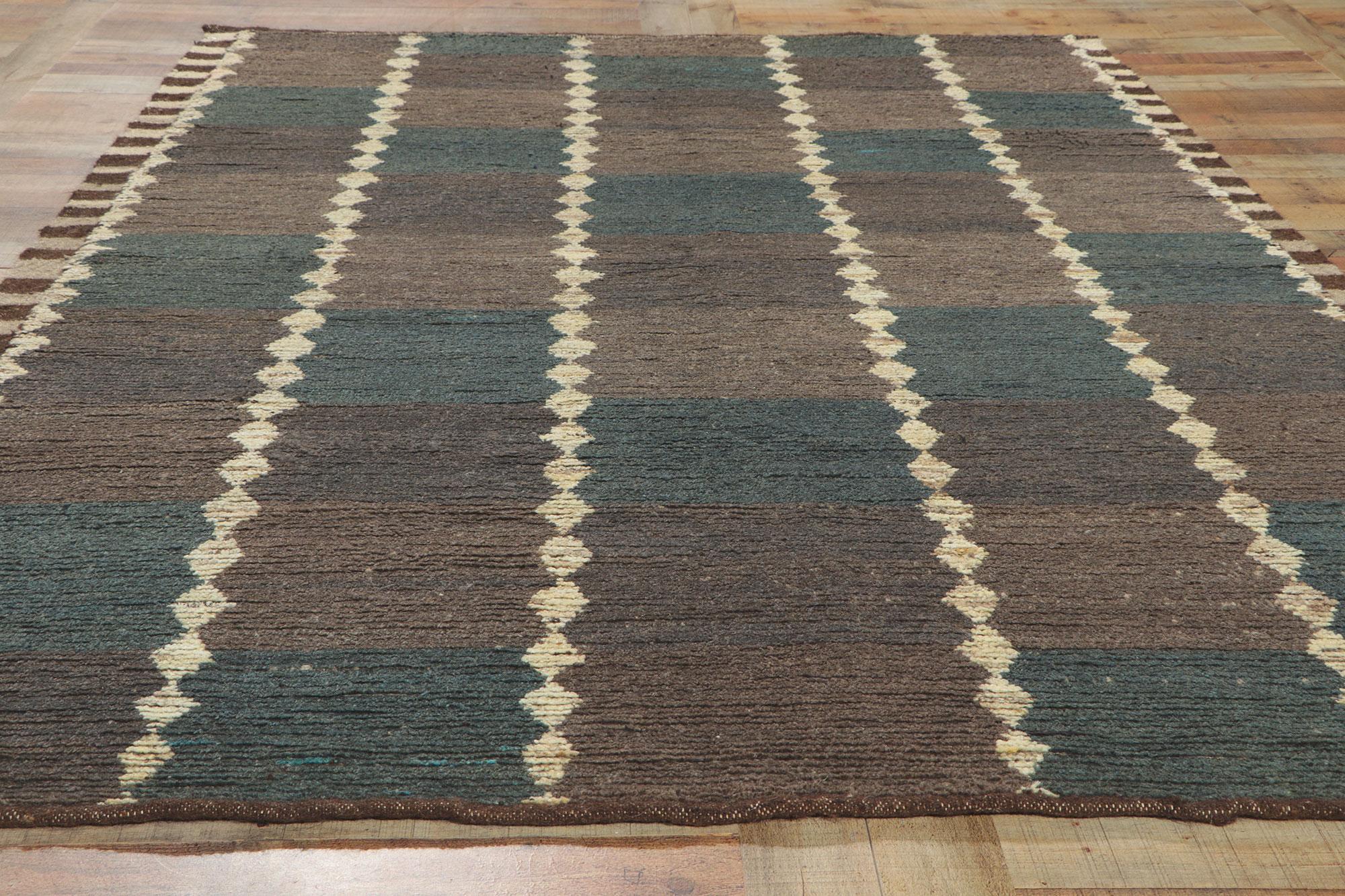 Wool Earth-tone Checkered Moroccan Rug, Masculine Appeal Meets Midcentury Modern For Sale