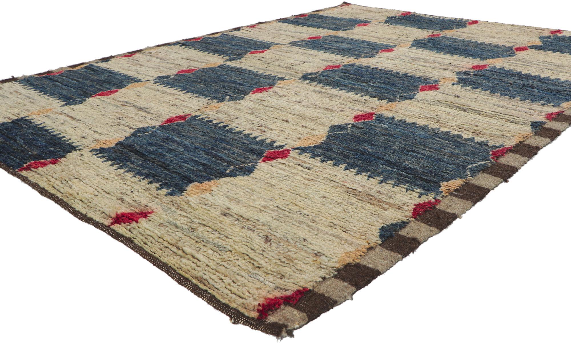 80822 Modern Checkered Moroccan Rug, 05'10 x 07'09.
Midcentury Modern meets tribal enchantment in this hand knotted wool Moroccan style rug. The checkerboard pattern and earthy color scheme woven into this piece reflect a simple yet straightforward