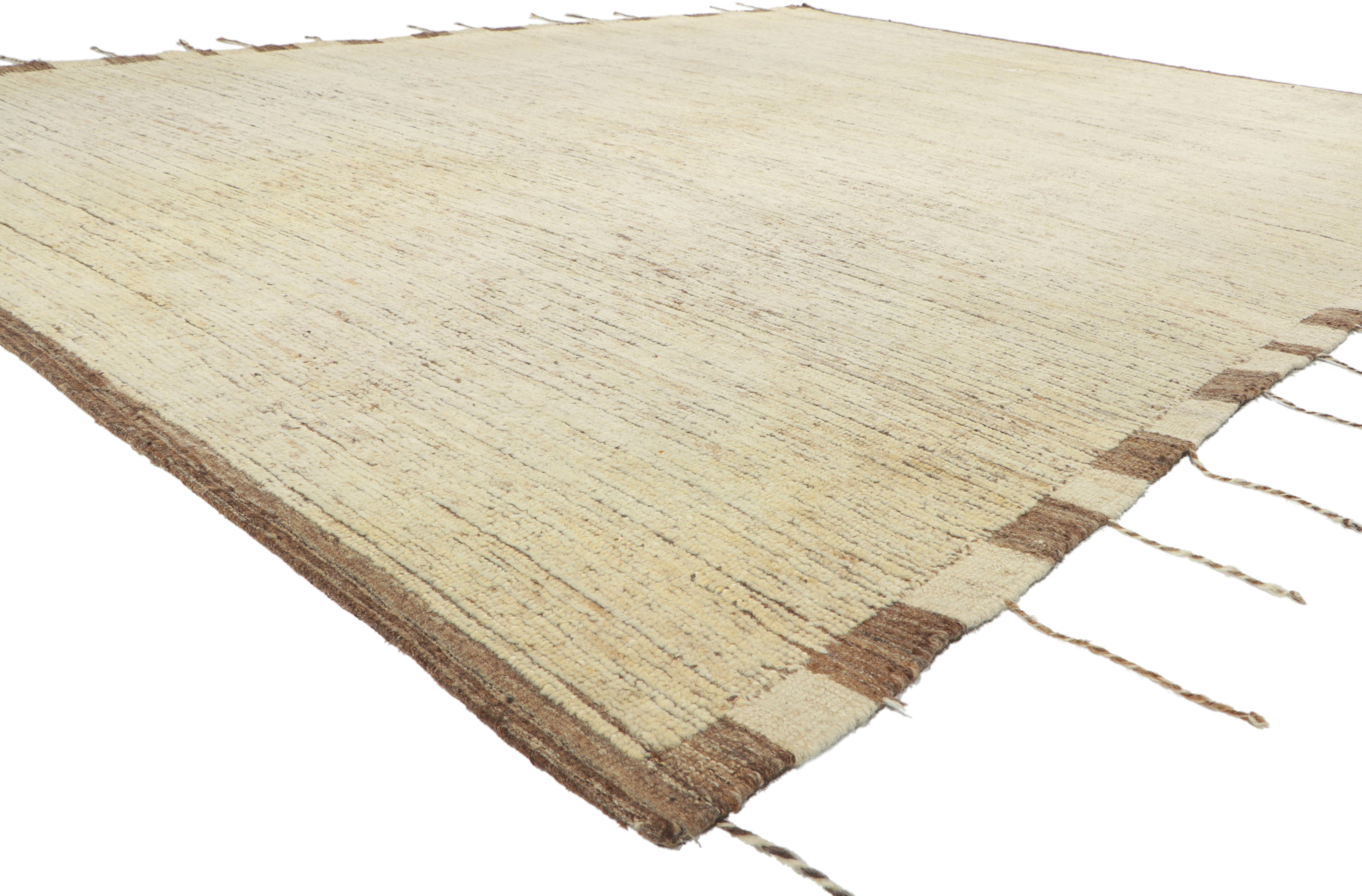 80809 Organic Modern Moroccan Rug, 10'02 x 13'09.
Subtle Shibui meets cozy contentment in this hand knotted wool organic modern Moroccan rug. Imbued with neutral hues, the coveted open field features a barely-there striped pattern composed of