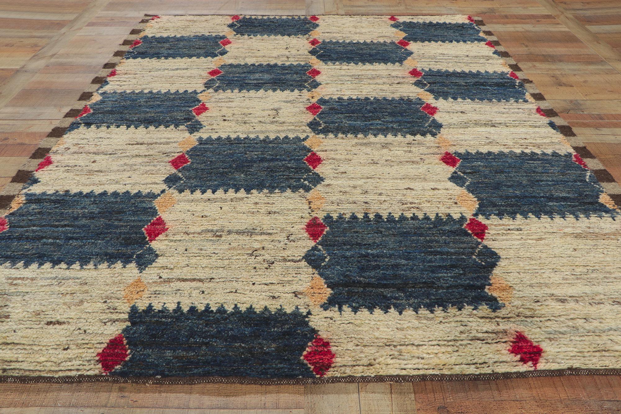Wool Earth-tone Checkered Moroccan Rug, Midcentury Modern Meets Tribal Enchantment For Sale