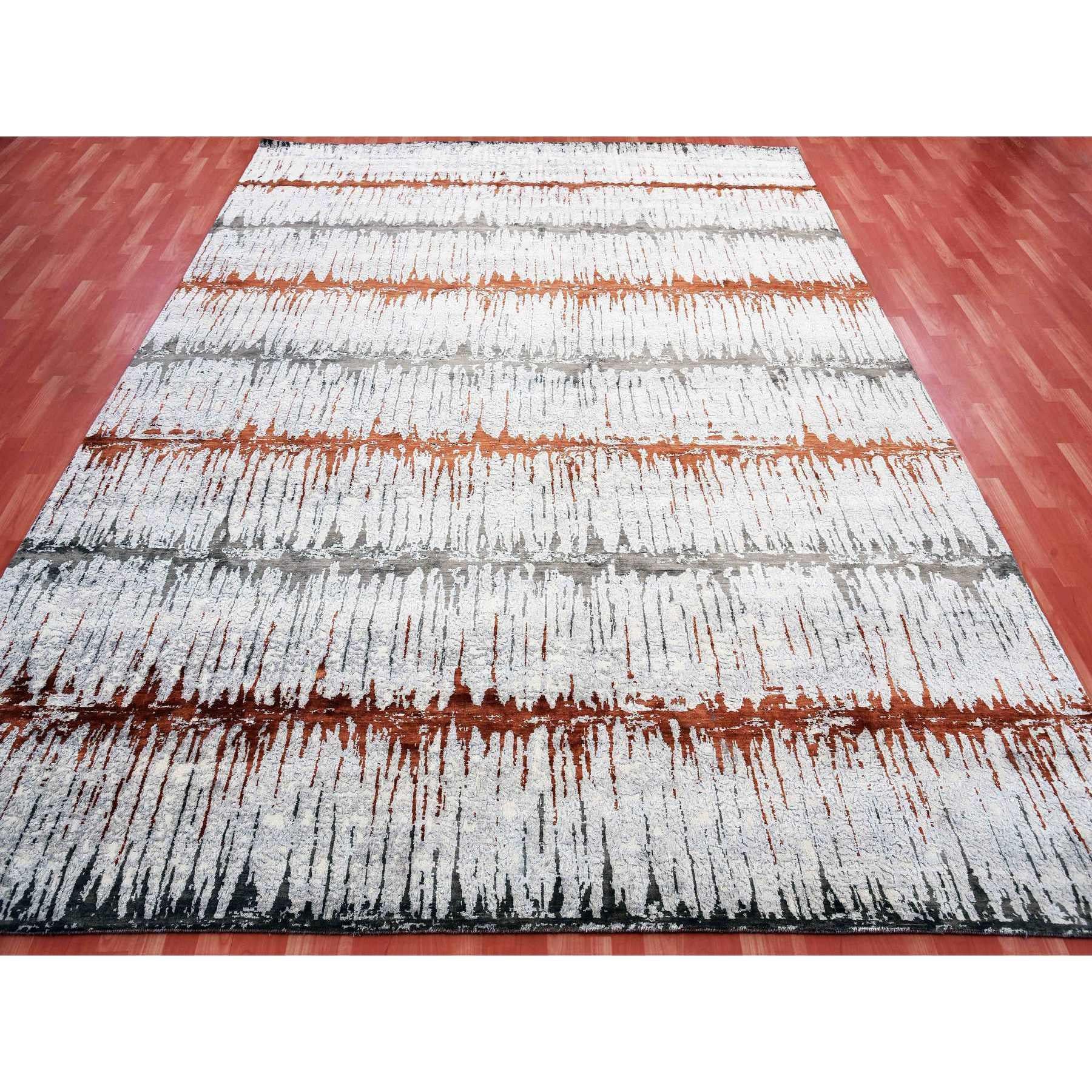 Earth Tone Colors Moderner handgeknüpfter Teppich aus Seide und Wolle mit Cardiac-Design 10'2