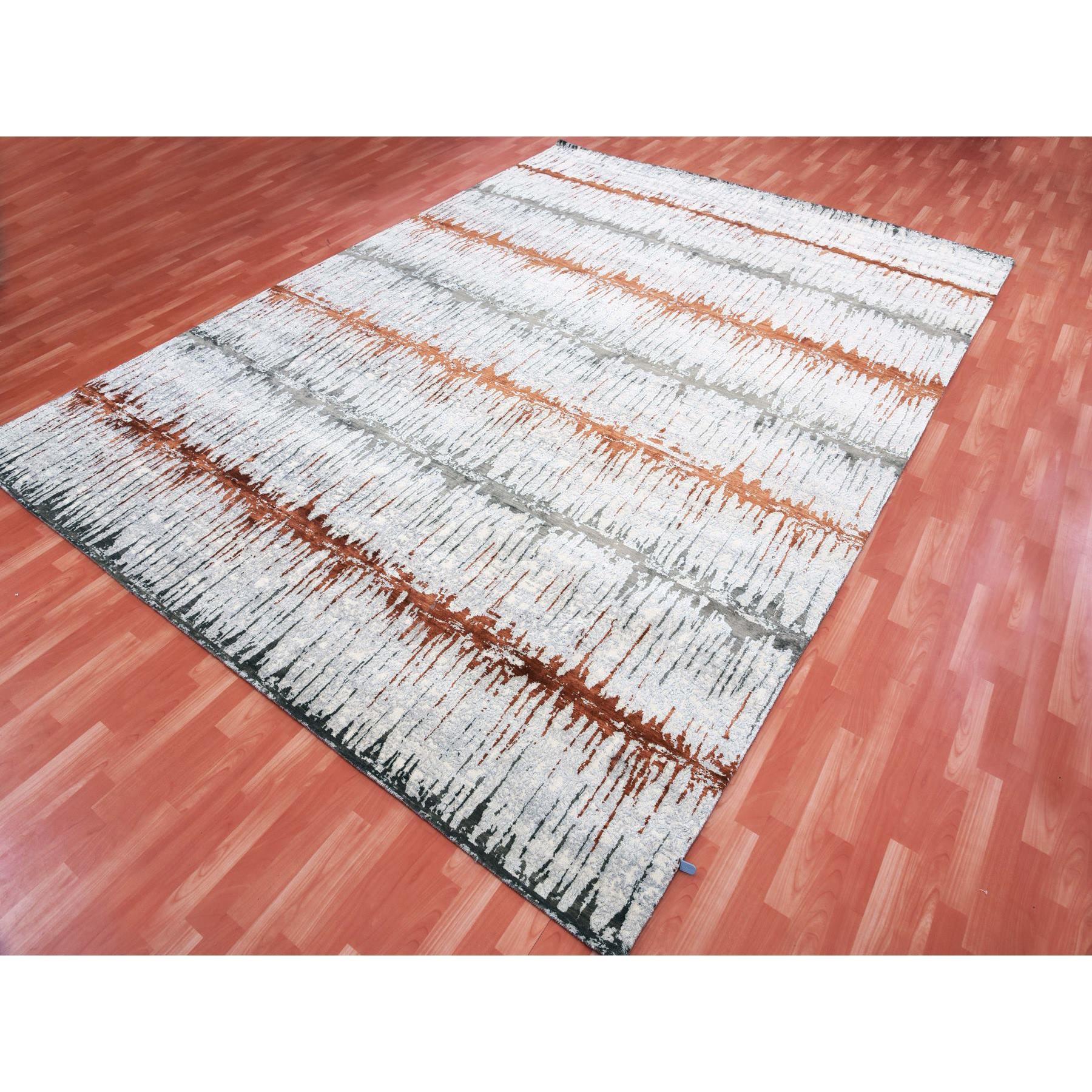 Earth Tone Colors Moderner handgeknüpfter Teppich aus Seide und Wolle mit Cardiac-Design 10'2