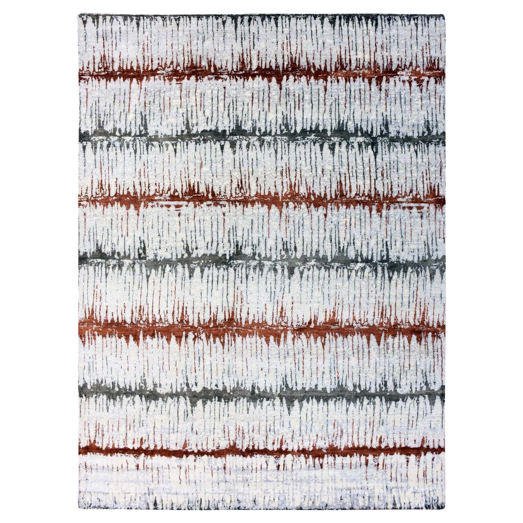 Earth Tone Colors Modern Cardiac Design Silk-Wool Hand Knotted Rug 10'2" x 14'
