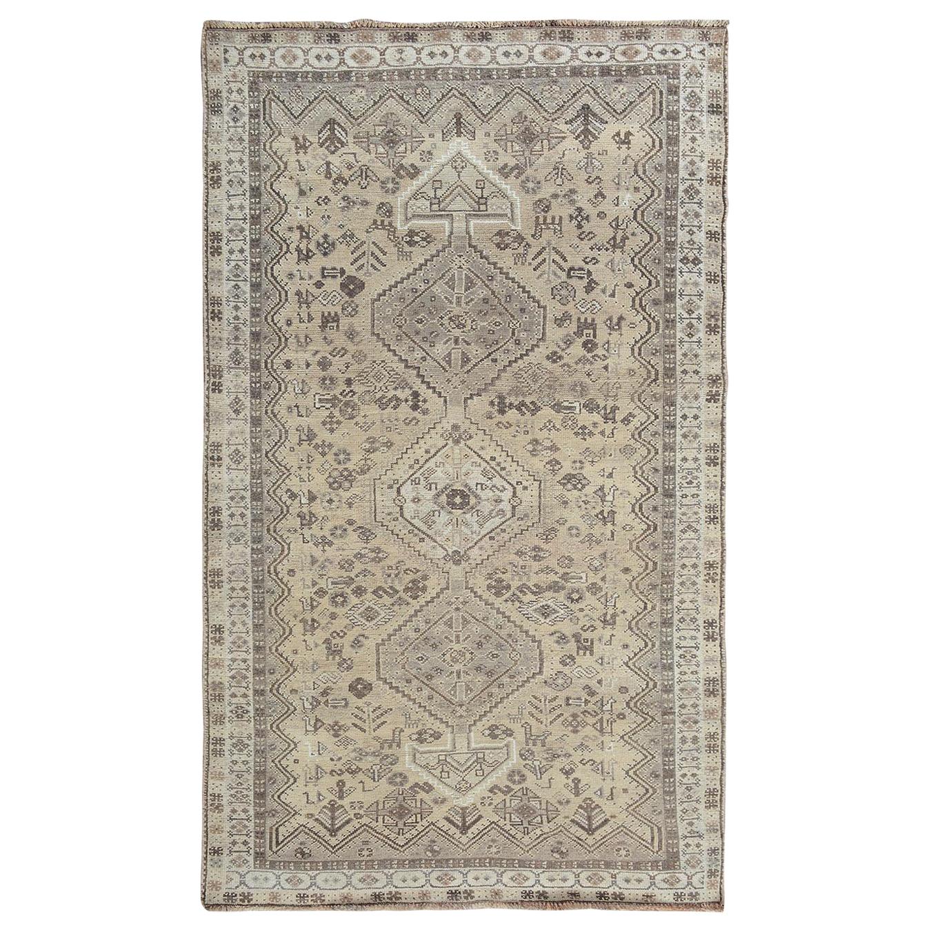 Earth Tone Colors Old and Worn Down Persian Qashqai Pure Wool Hand Knotted Rug For Sale