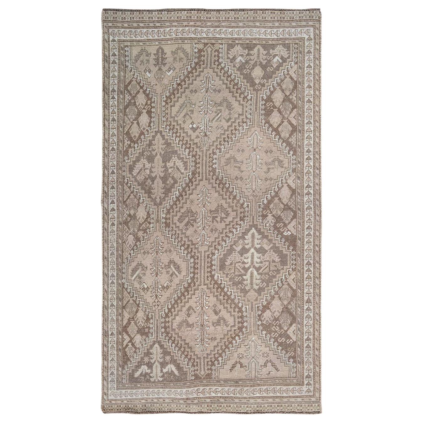 Earth Tone Colors Vintage and Worn Down Persian Qashqai Pure Wool Rug For Sale