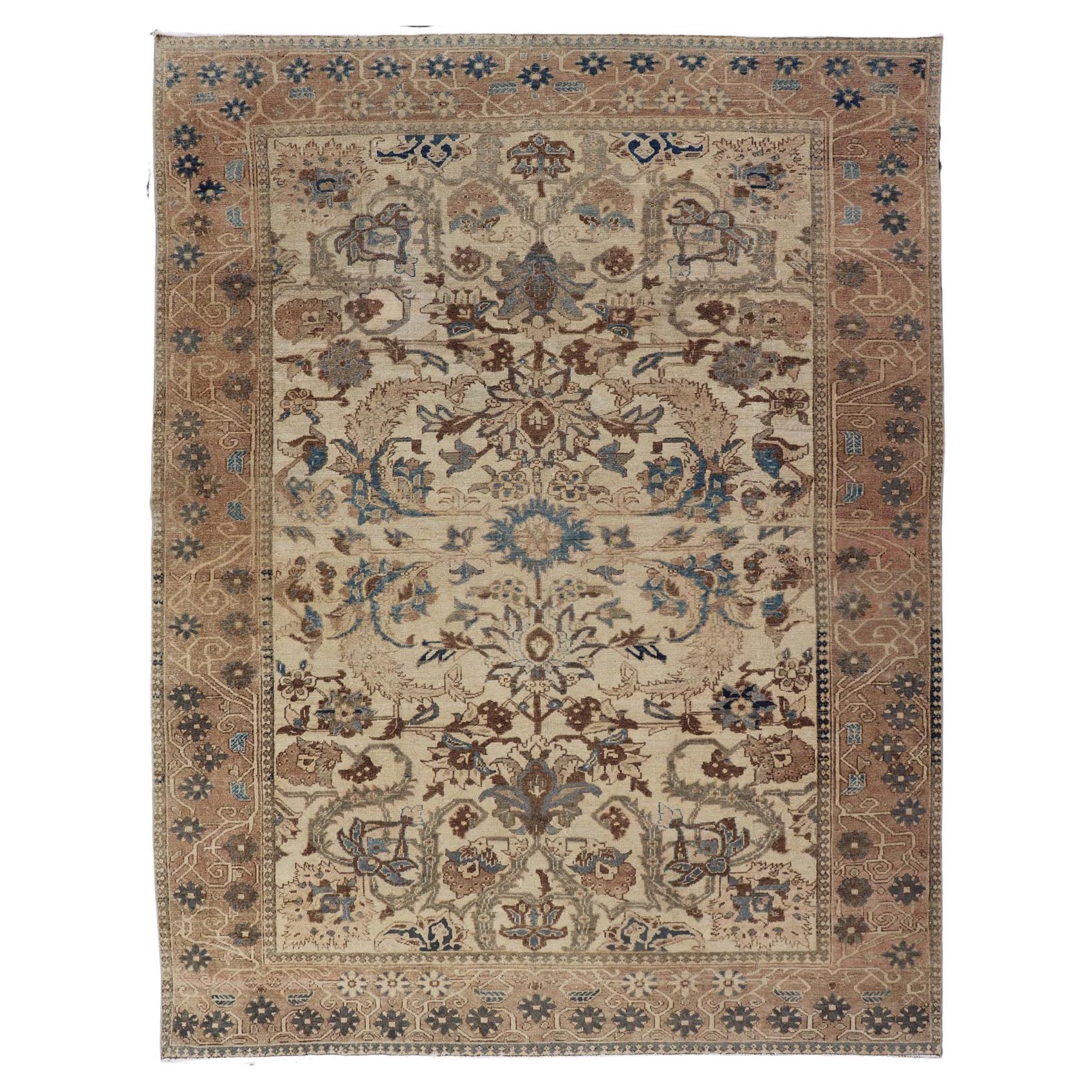 Earth Tone Colors Vintage Persian Bakhtiari Rug with All-Over Blossom Design