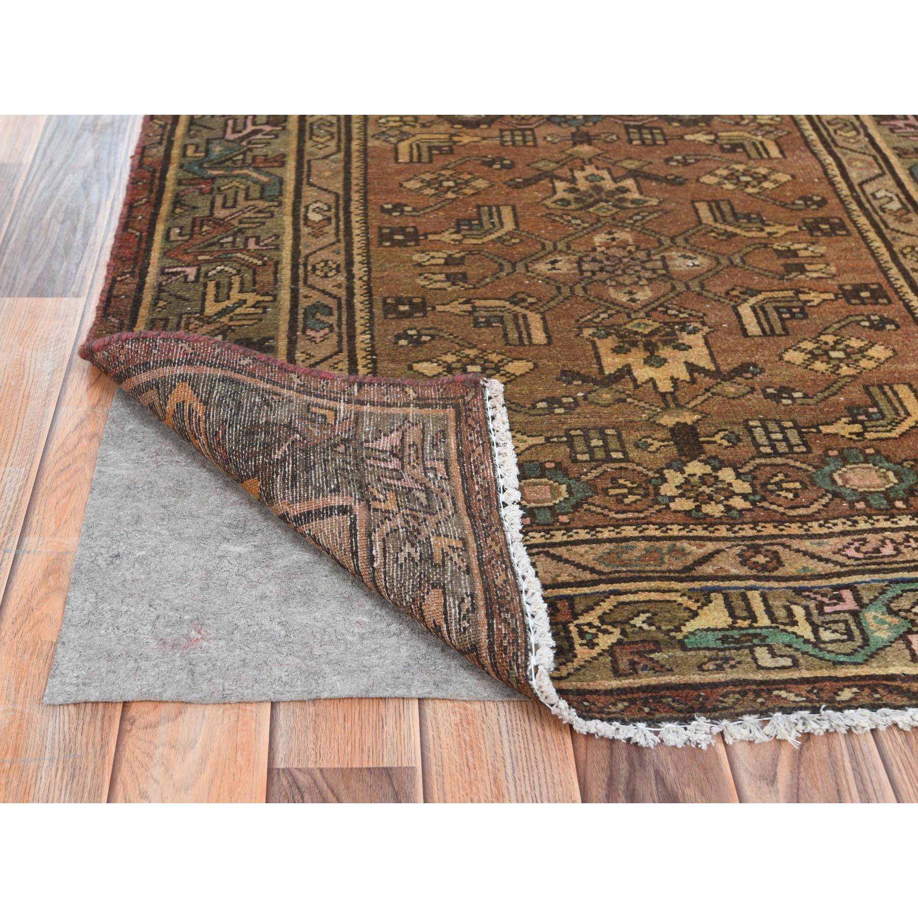 Medieval Earth Tone Colors, Vintage Persian Hamadan, Hand Knotted Worn Wool Runner Rug For Sale