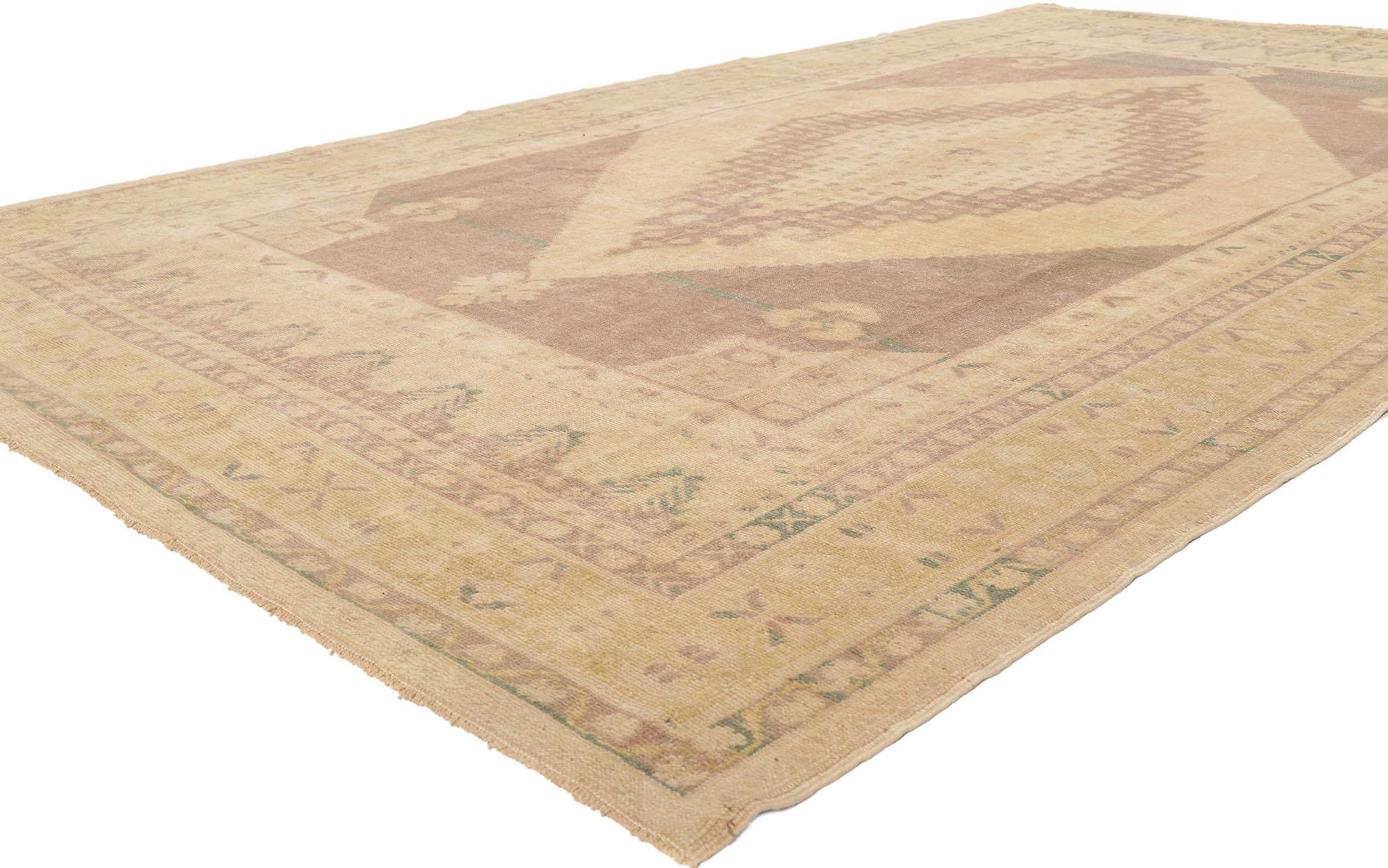 53683 Vintage Turkish Oushak Rug with Earth-Tone Colors, 06'04 x 10'06. Emulating timeless style with incredible detail and texture, this hand knotted wool vintage Turkish Oushak rug is a captivating vision of woven beauty. The intricate floral