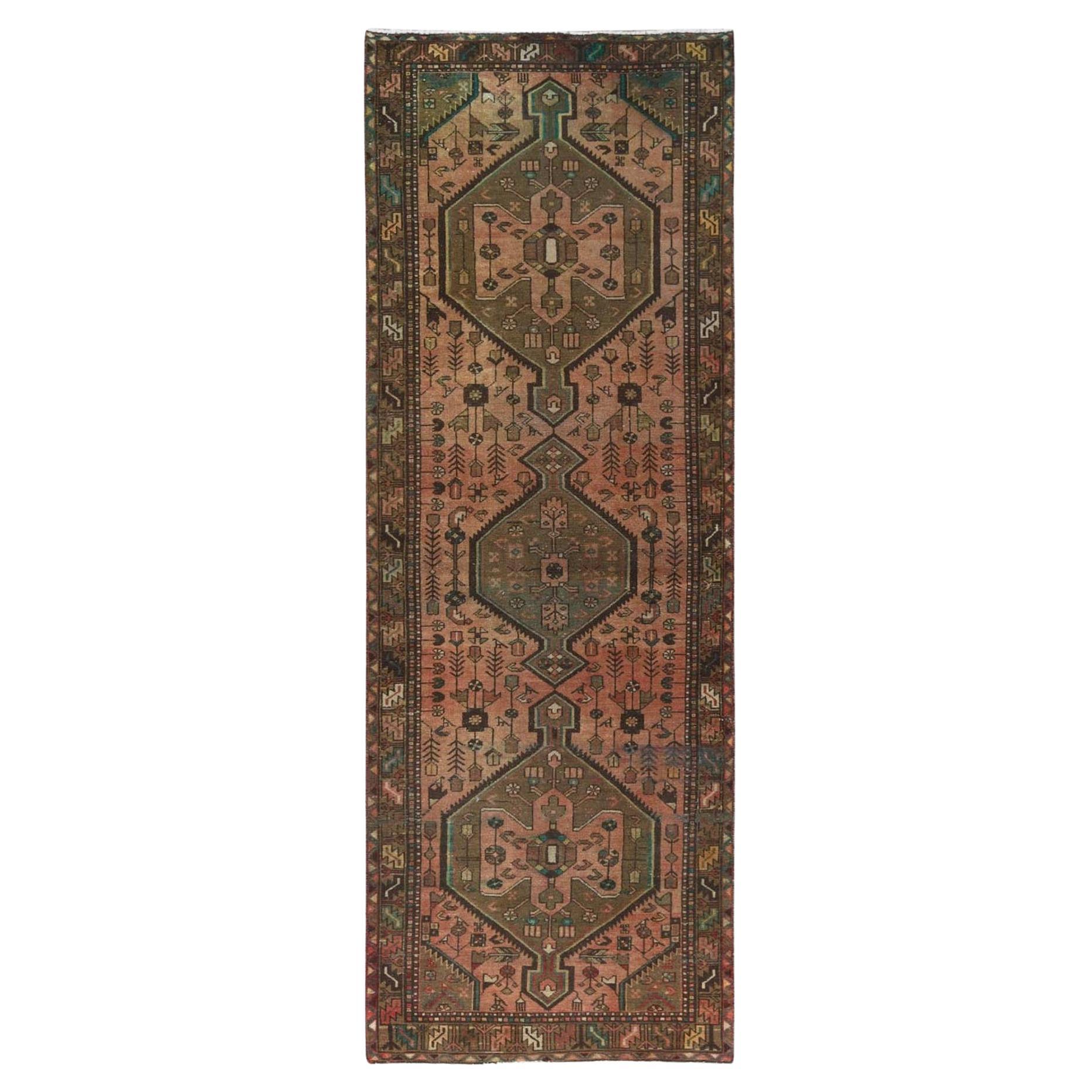 Earth Tone Colors Worn Wool Hand Knotted Vintage Persian Hamadan Distressed Rug For Sale