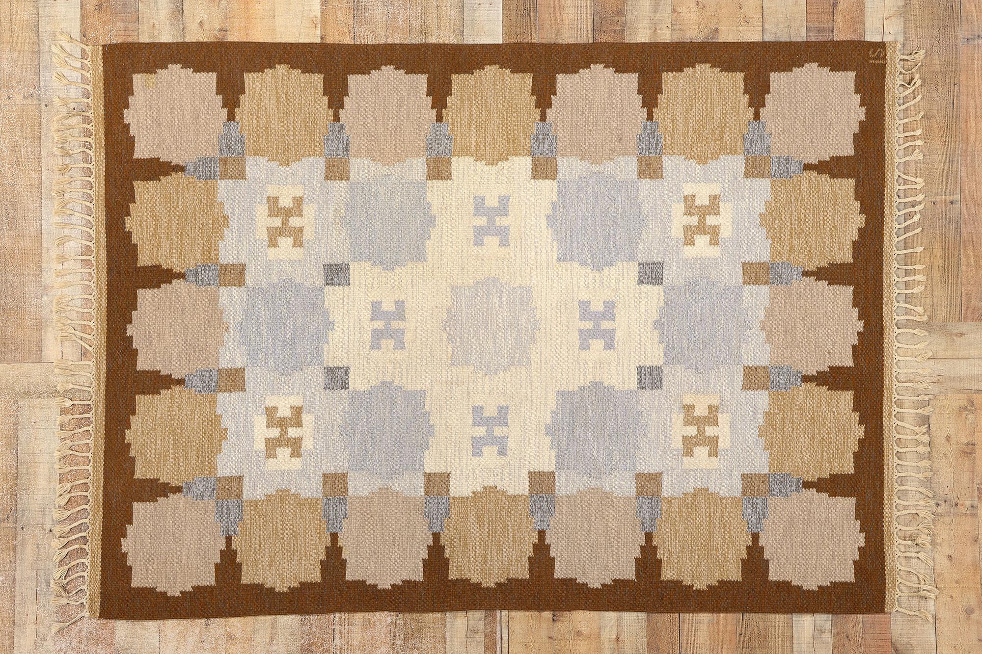 Earth-Tone Ingegerd Silow Vintage Swedish Rollakan Rug For Sale 3