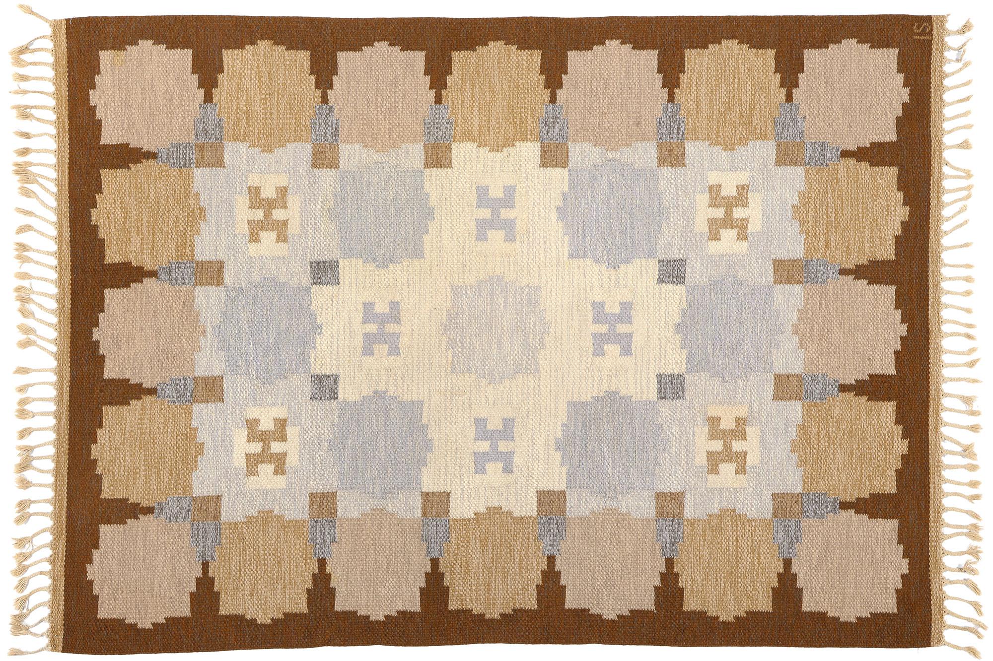 Earth-Tone Ingegerd Silow Vintage Swedish Rollakan Rug For Sale 4