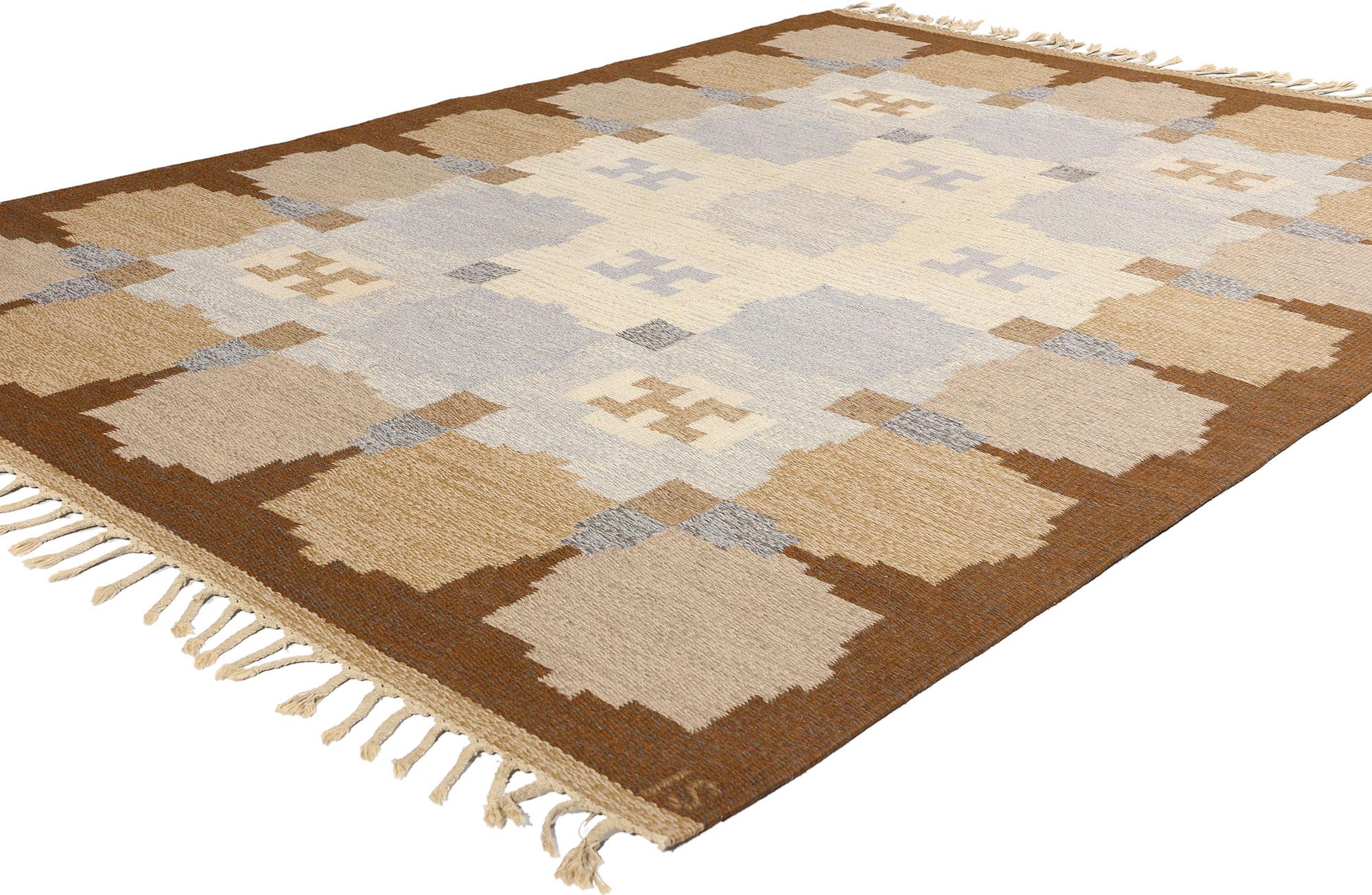 78815 Ingegerd Silow Vintage Swedish Rollakan Rug, 05'06 x 07'08. Ingegerd Silow, a prominent Swedish textile artist, significantly contributed to the traditional Scandinavian craft of rug weaving, especially through her work with rollakan rugs.