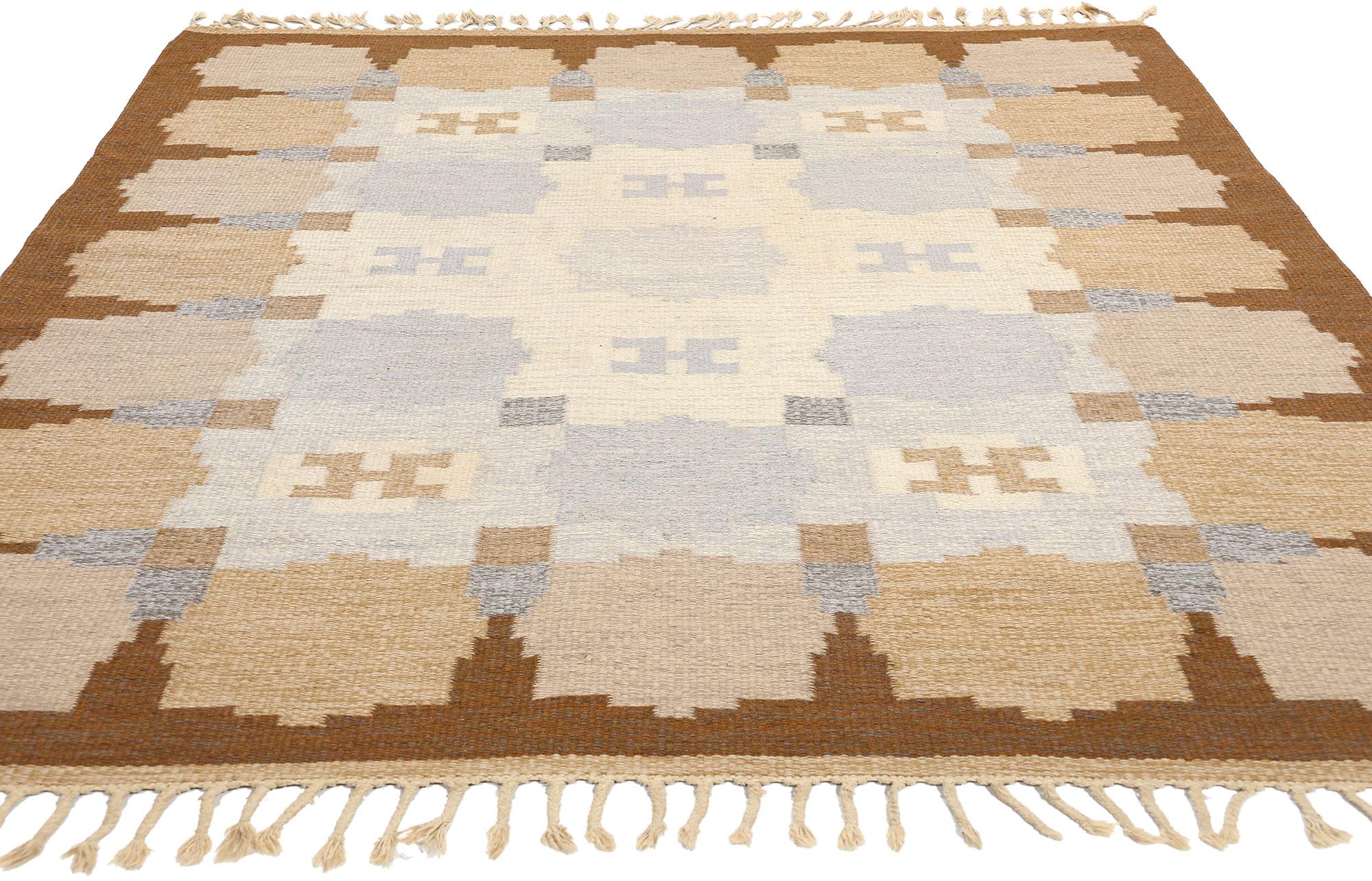 Scandinavian Modern Earth-Tone Ingegerd Silow Vintage Swedish Rollakan Rug For Sale
