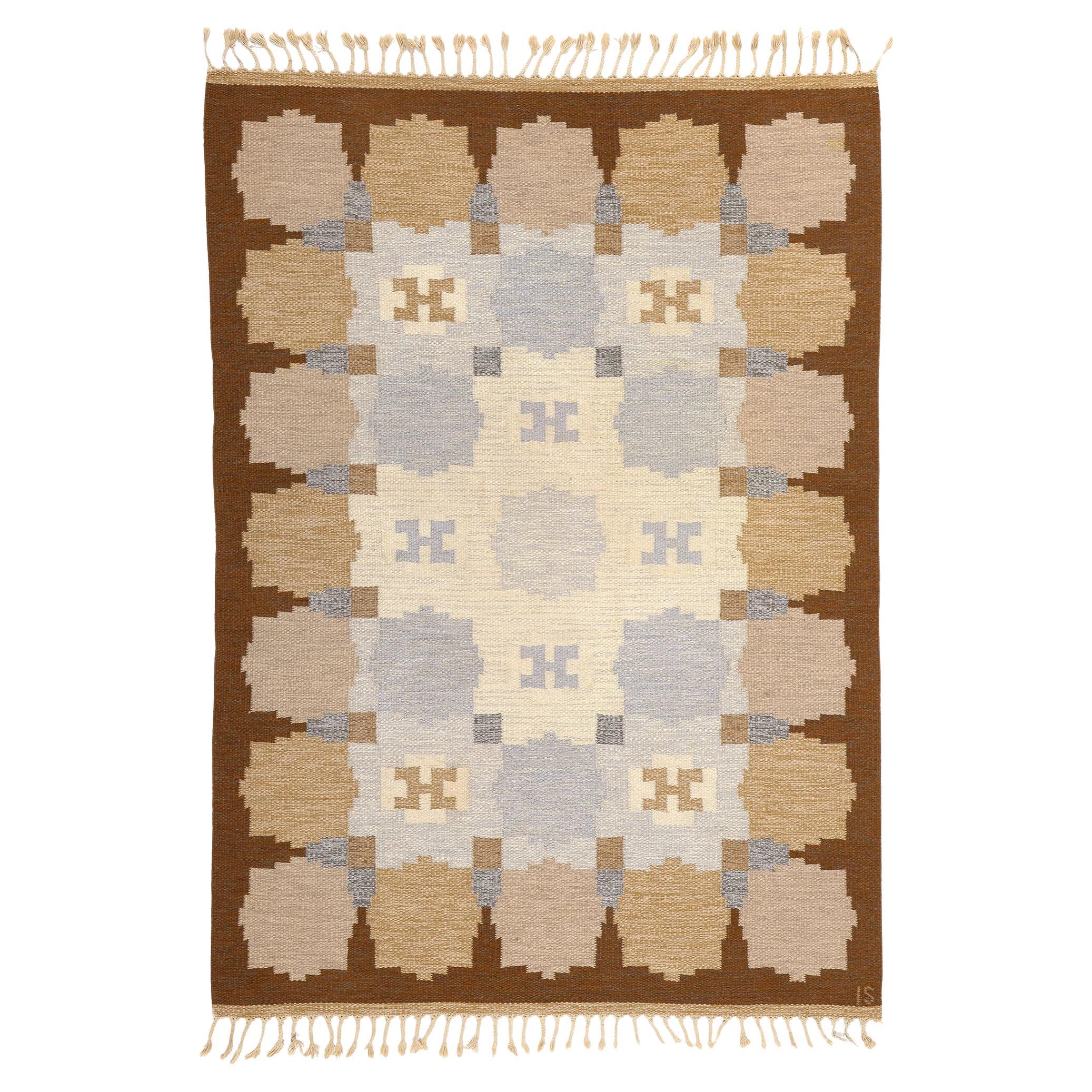 Earth-Tone Ingegerd Silow Vintage Swedish Rollakan Rug