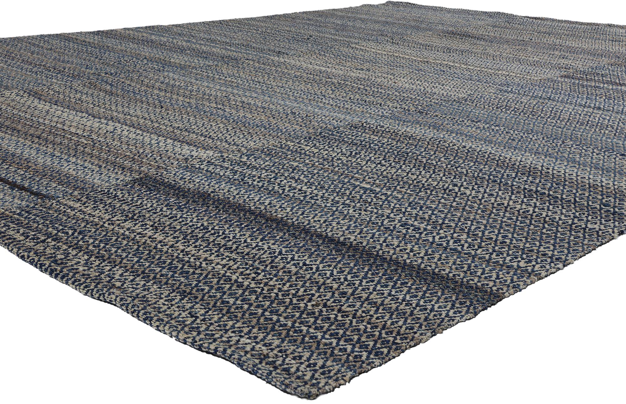 81099 Modern Blue Earth-Tone Diamond Kilim Rug, 08'08 x 11'06. Dive into coastal elegance with our handwoven modern blue earth-tone diamond kilim rug. Crafted with precision and care, this flatweave rug features a modern geometric design with
