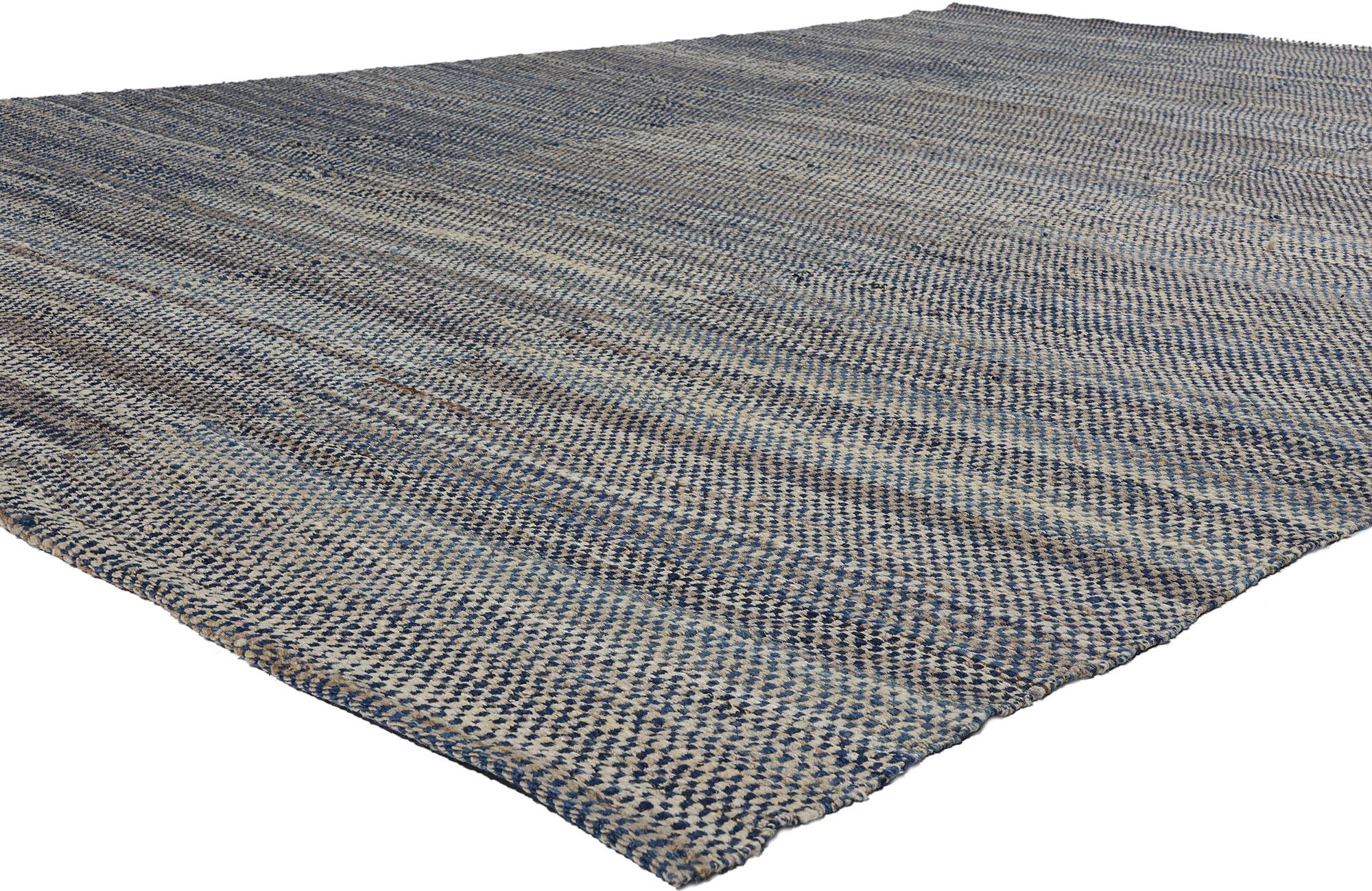 81098 Modern Blue Earth-Tone Kilim Rug, 08'07 x 12'00. Welcome to coastal elegance meets Southern Living charm with our handwoven modern blue earth-tone checkered kilim rug. Crafted with precision and care, this flatweave rug features a modern