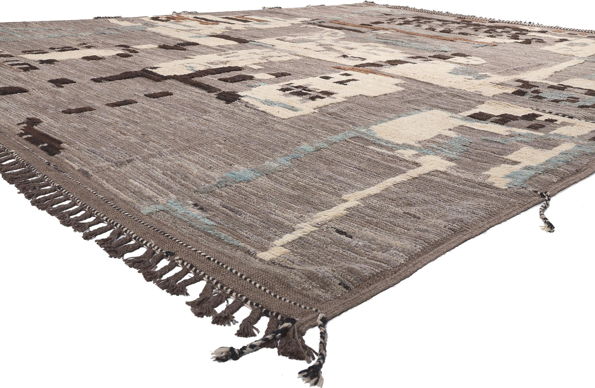 80980 Modern Moroccan Rug with Earth-Tone Colors, 12'00 x 15'09. Emanating Biophilic Design with incredible detail and texture, this large Moroccan high-low rug is a captivating vision of woven beauty. The raised design and earthy colorway woven