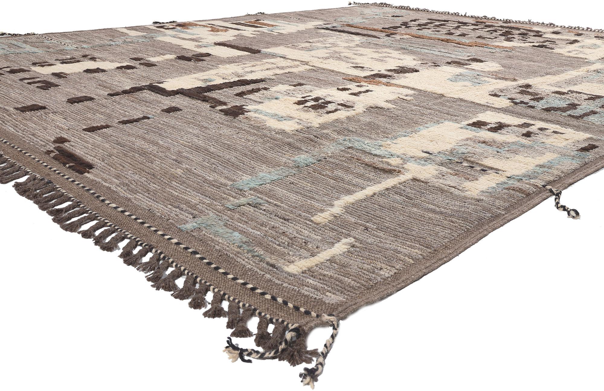 80981 Modern Moroccan Rug with Earth-Tone Colors, 09'11 x 12'09. Emanating Biophilic Design with incredible detail and texture, this large Moroccan high-low rug is a captivating vision of woven beauty. The raised design and earthy colorway woven