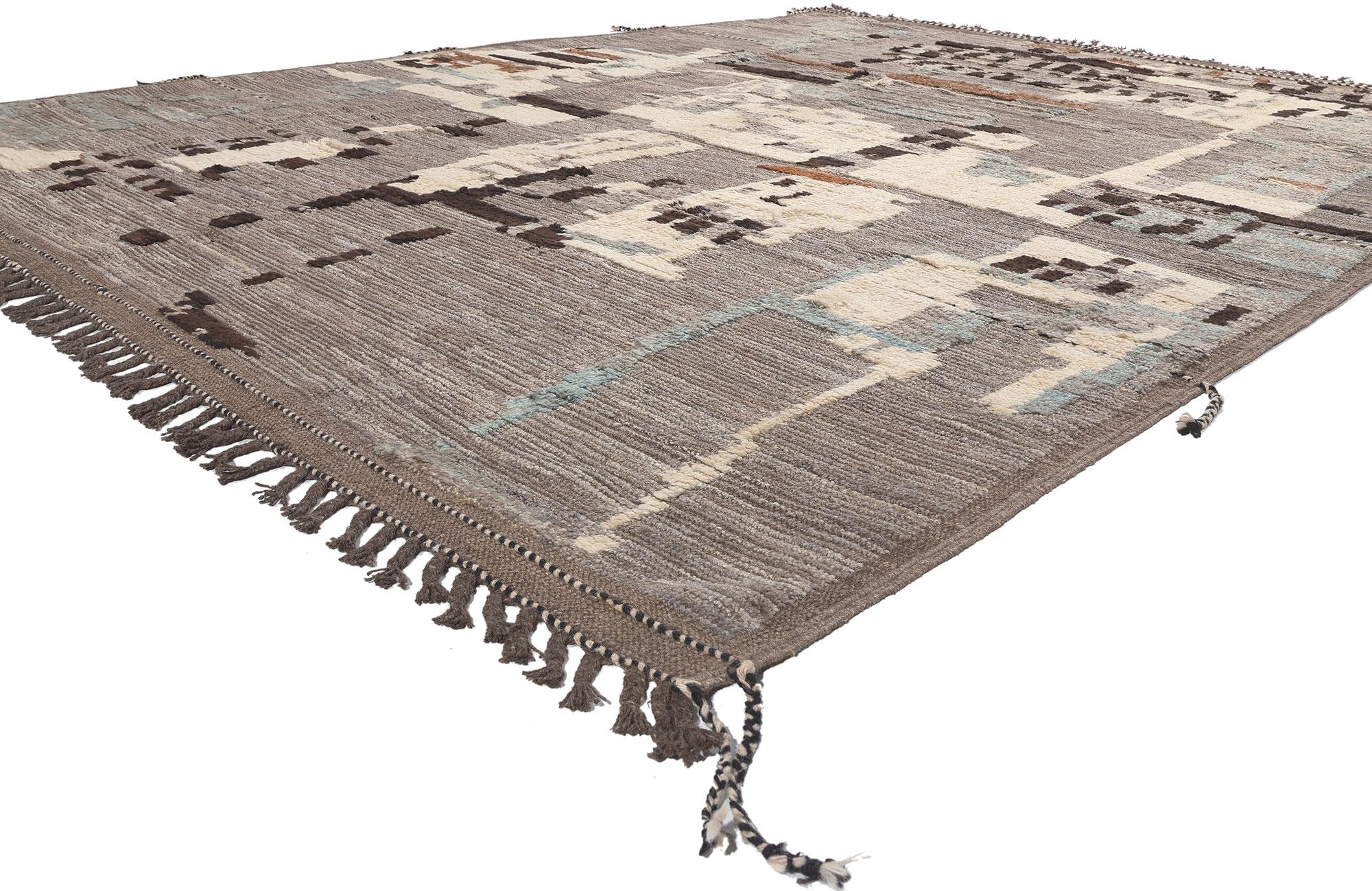 80982 Modern Moroccan Rug with Earth-Tone Colors, 09'00 x 11'09. Emanating Biophilic Design with incredible detail and texture, this large Moroccan high-low rug is a captivating vision of woven beauty. The raised design and earthy colorway woven