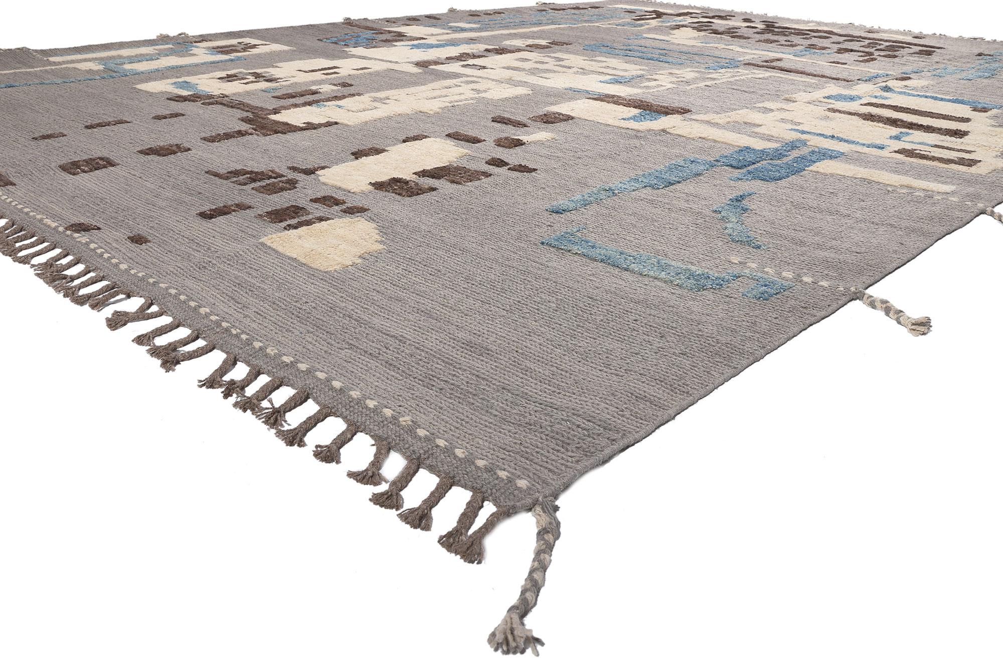 80984 Modern Moroccan Area Rug with Earth-Tone Colors, 11'08 x 16'01. Emanating Biophilic Design with incredible detail and texture, this large Moroccan high-low rug is a captivating vision of woven beauty. The raised design and earthy colorway