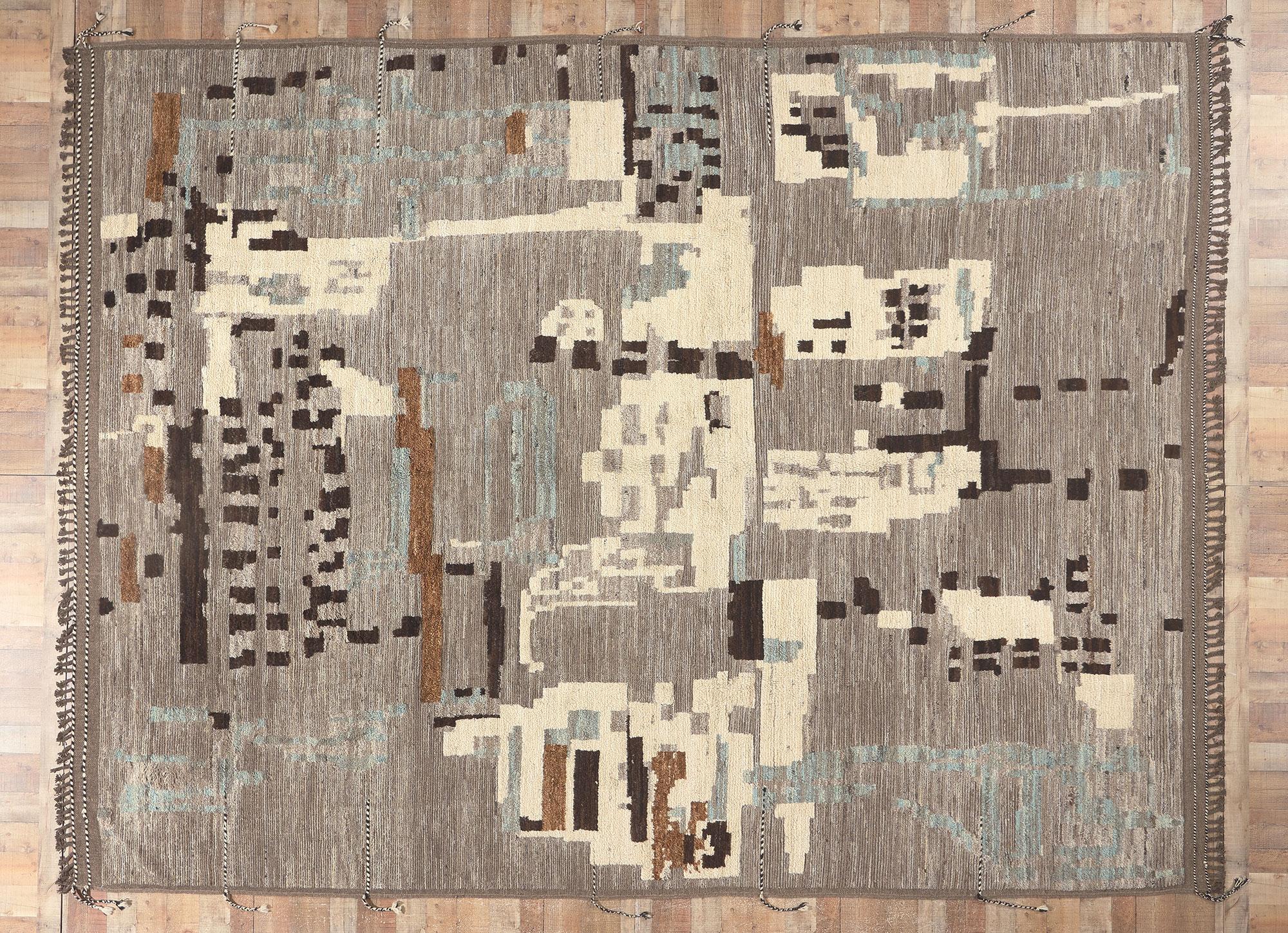 Wool Earth-Tone Modern Moroccan High-Low Rug Inspired by Nature, Biophilic Design For Sale