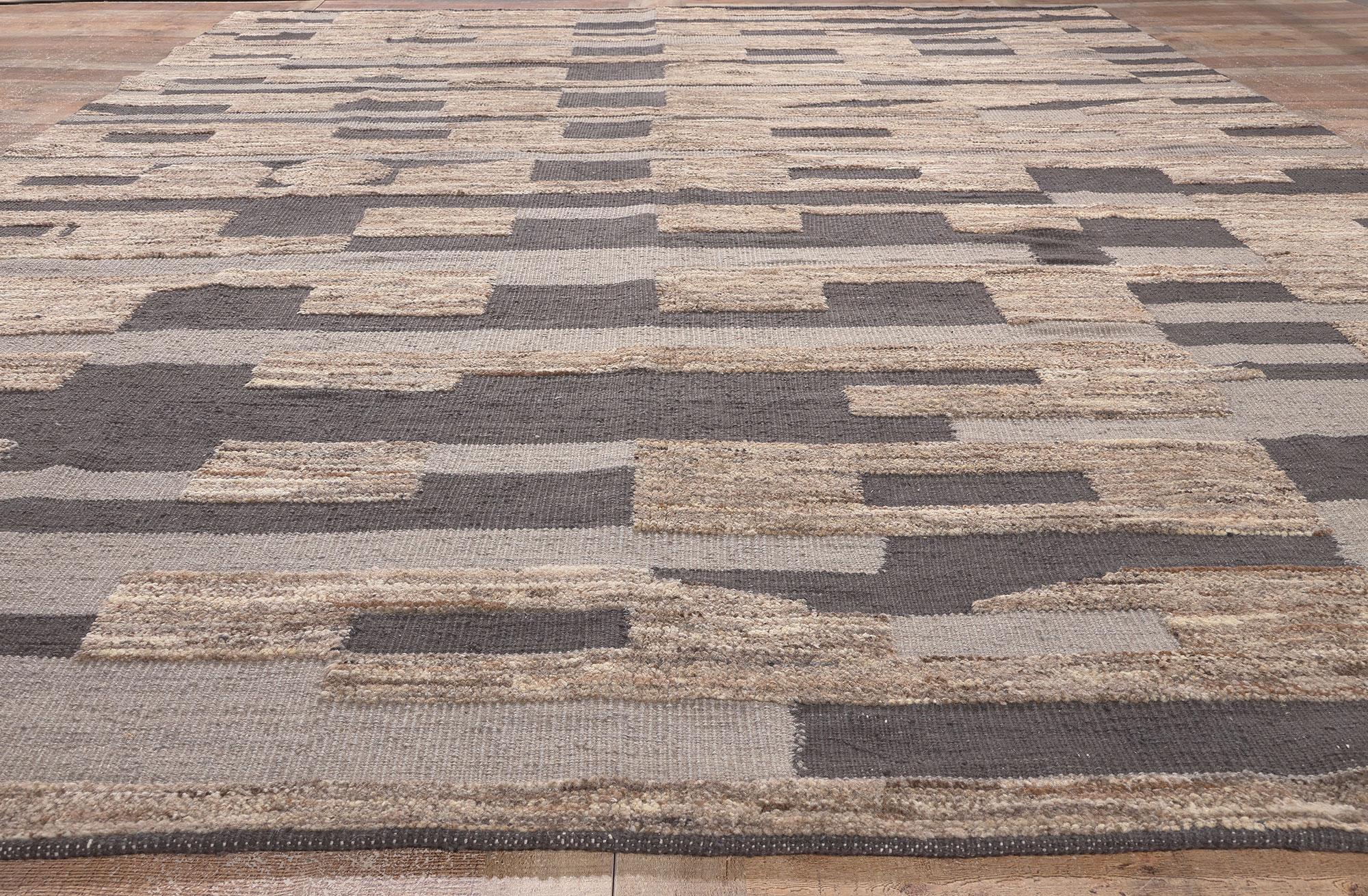 Pakistani Earth-Tone Modern Moroccan High-Low Rug with Bauhaus Style For Sale