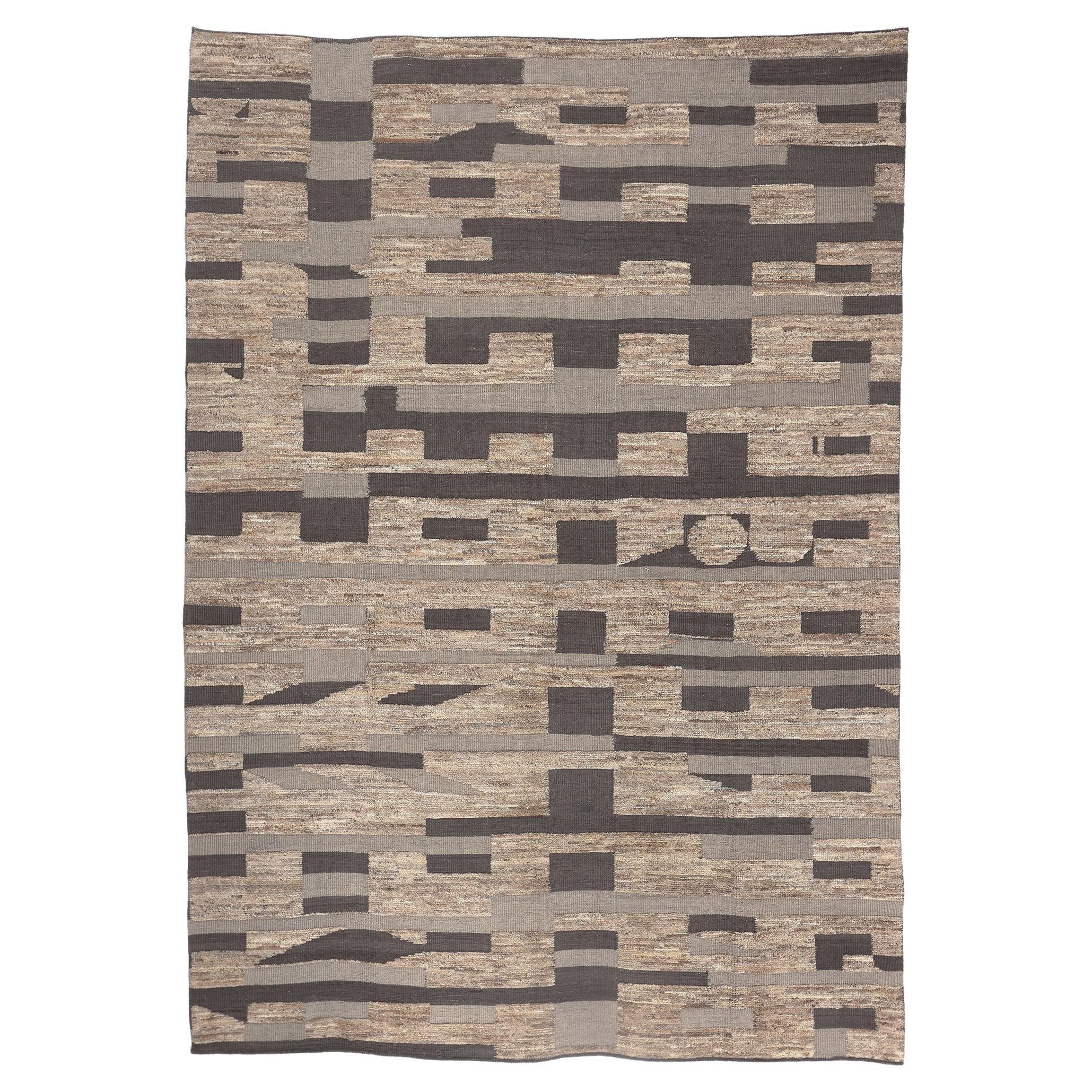 Earth-Tone Modern Moroccan High-Low Rug with Bauhaus Style For Sale