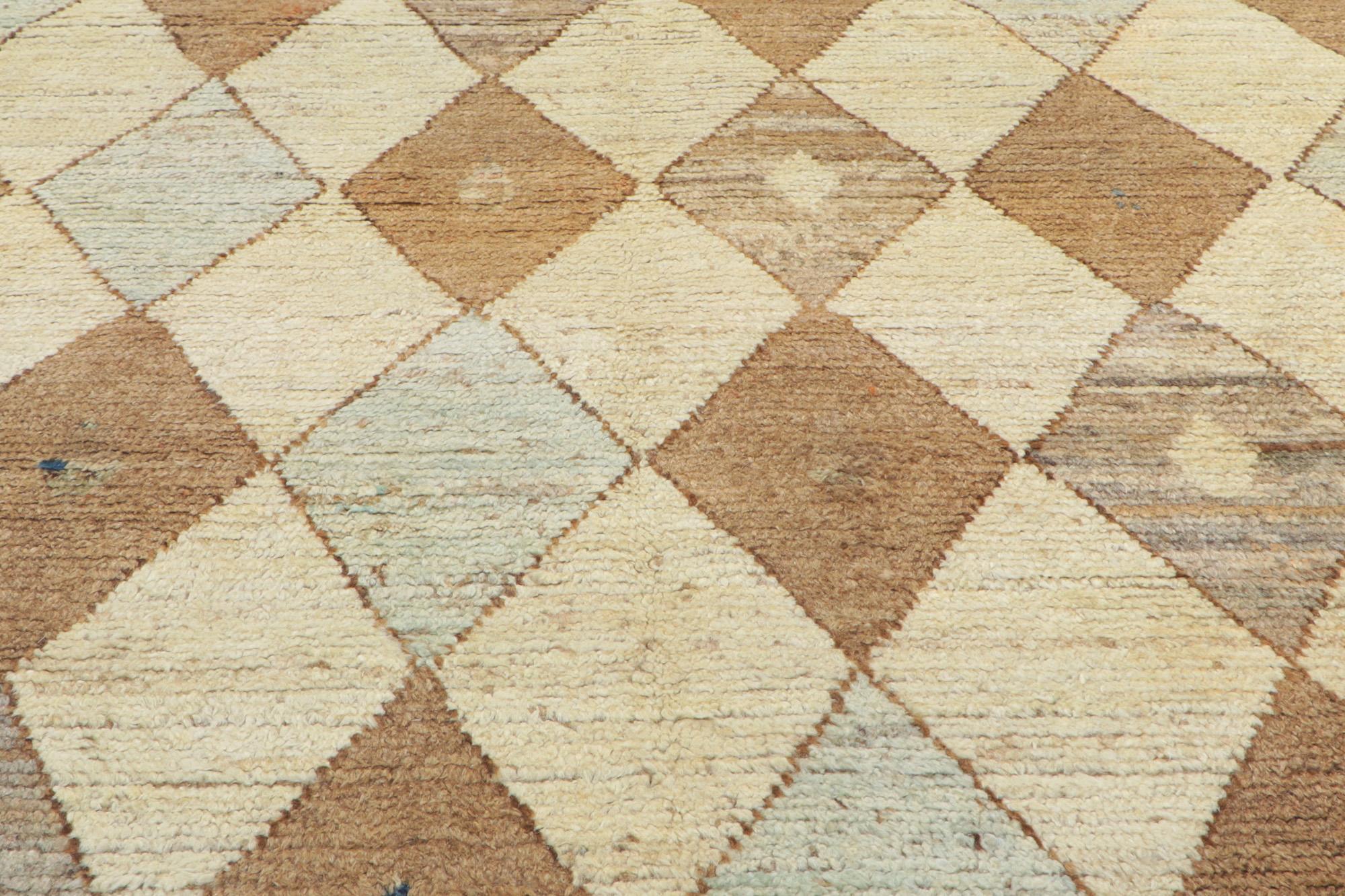 Hand-Knotted Earth-Tone Moroccan Rug, Cozy Cohesiveness Meets Preppy Argyle For Sale