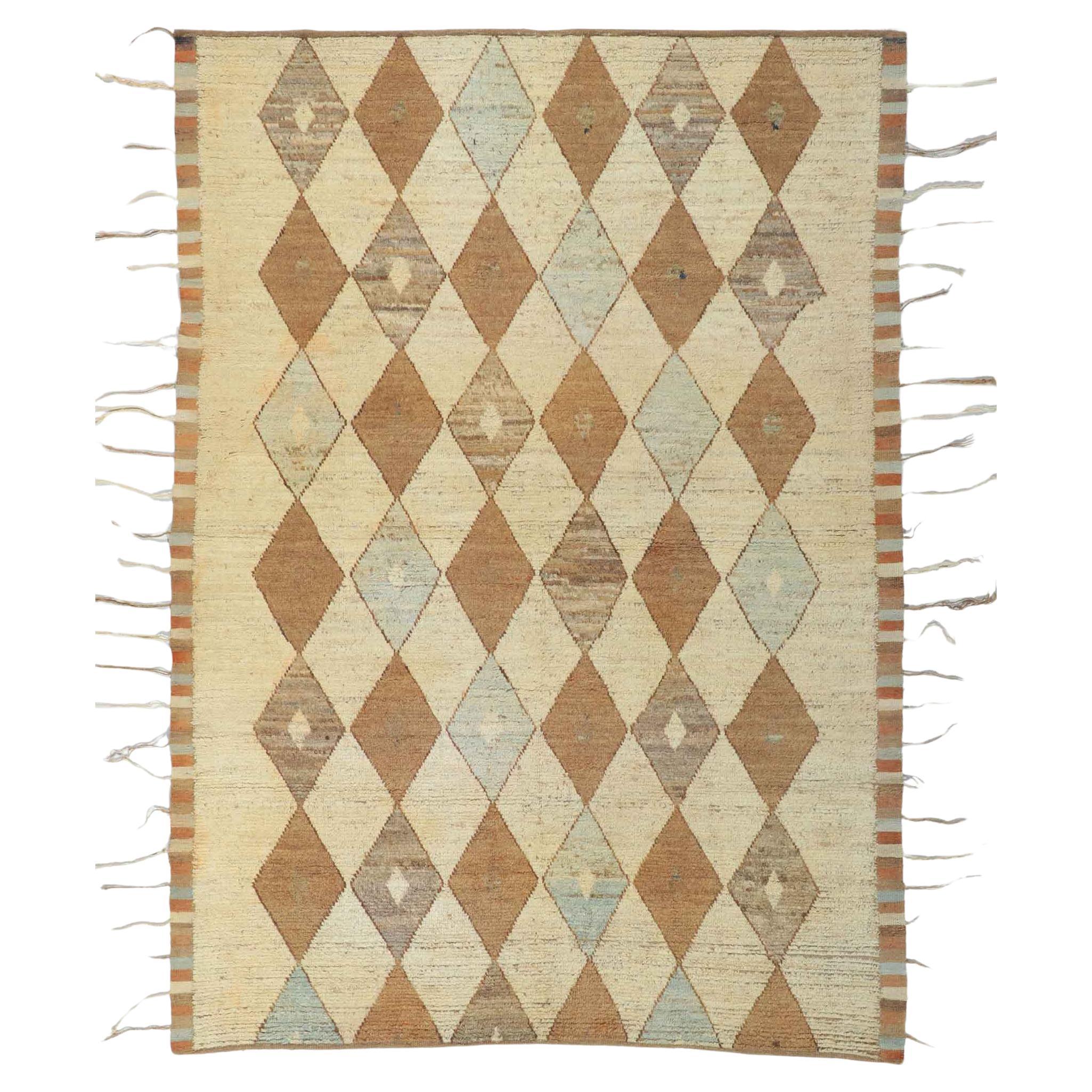 Earth-Tone Moroccan Rug, Cozy Cohesiveness Meets Preppy Argyle For Sale