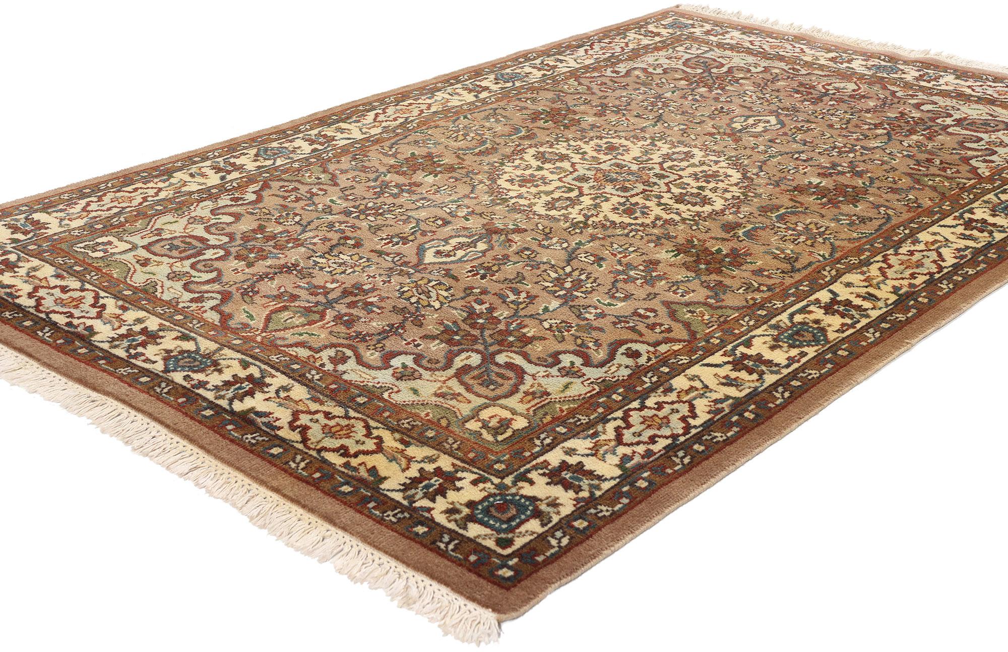78783 Vintage Indian Isfahan Rug, 04'00 x 06'04. Indian Isfahan rugs are handwoven rugs crafted in India, inspired by the traditional Persian Isfahan rugs known for their intricate designs and fine craftsmanship. These Isfahan style rugs mimic the