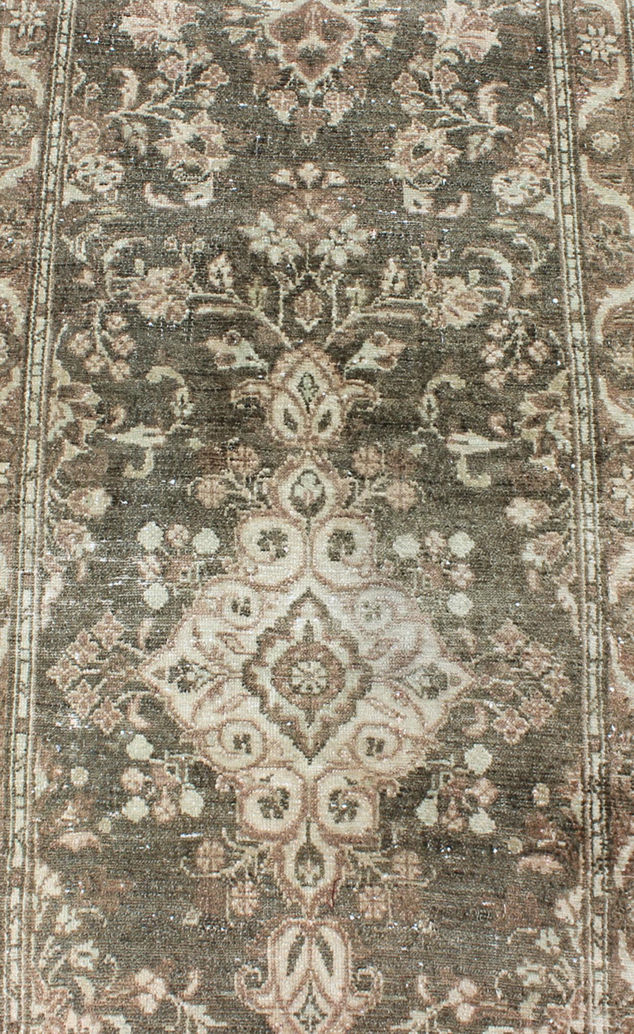 Malayer Very Long Antique Persian Runner with Floral Medallions in Warm Sage Green For Sale