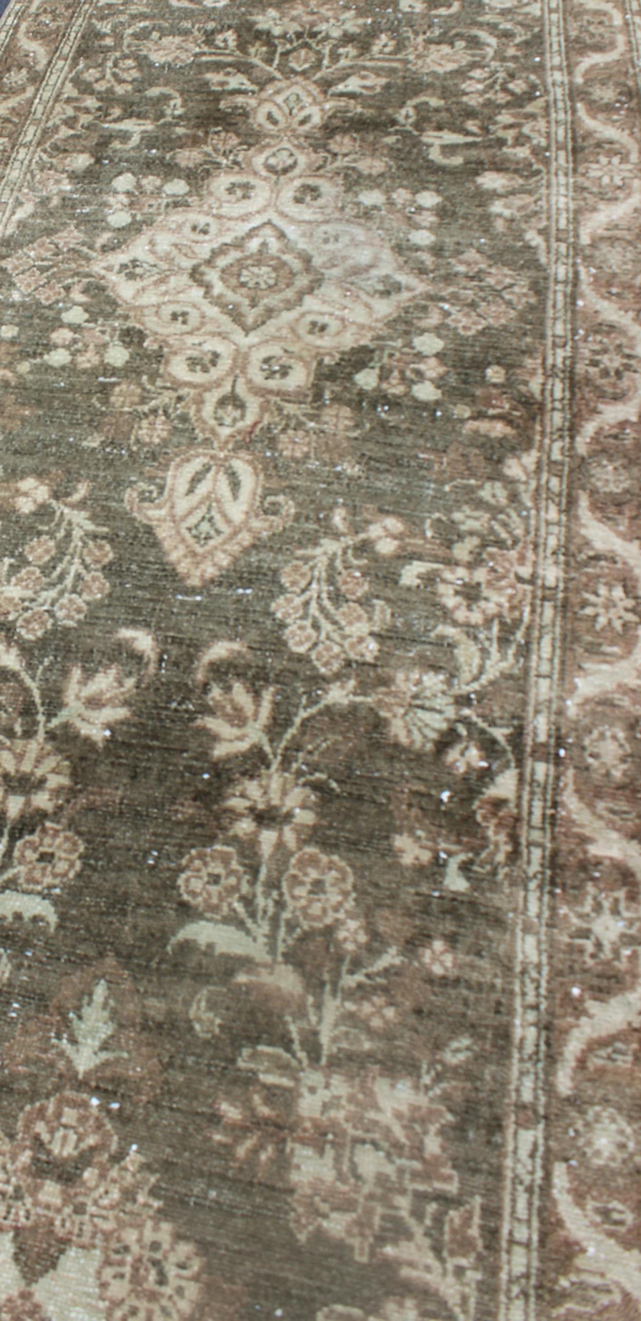 Hand-Knotted Very Long Antique Persian Runner with Floral Medallions in Warm Sage Green For Sale