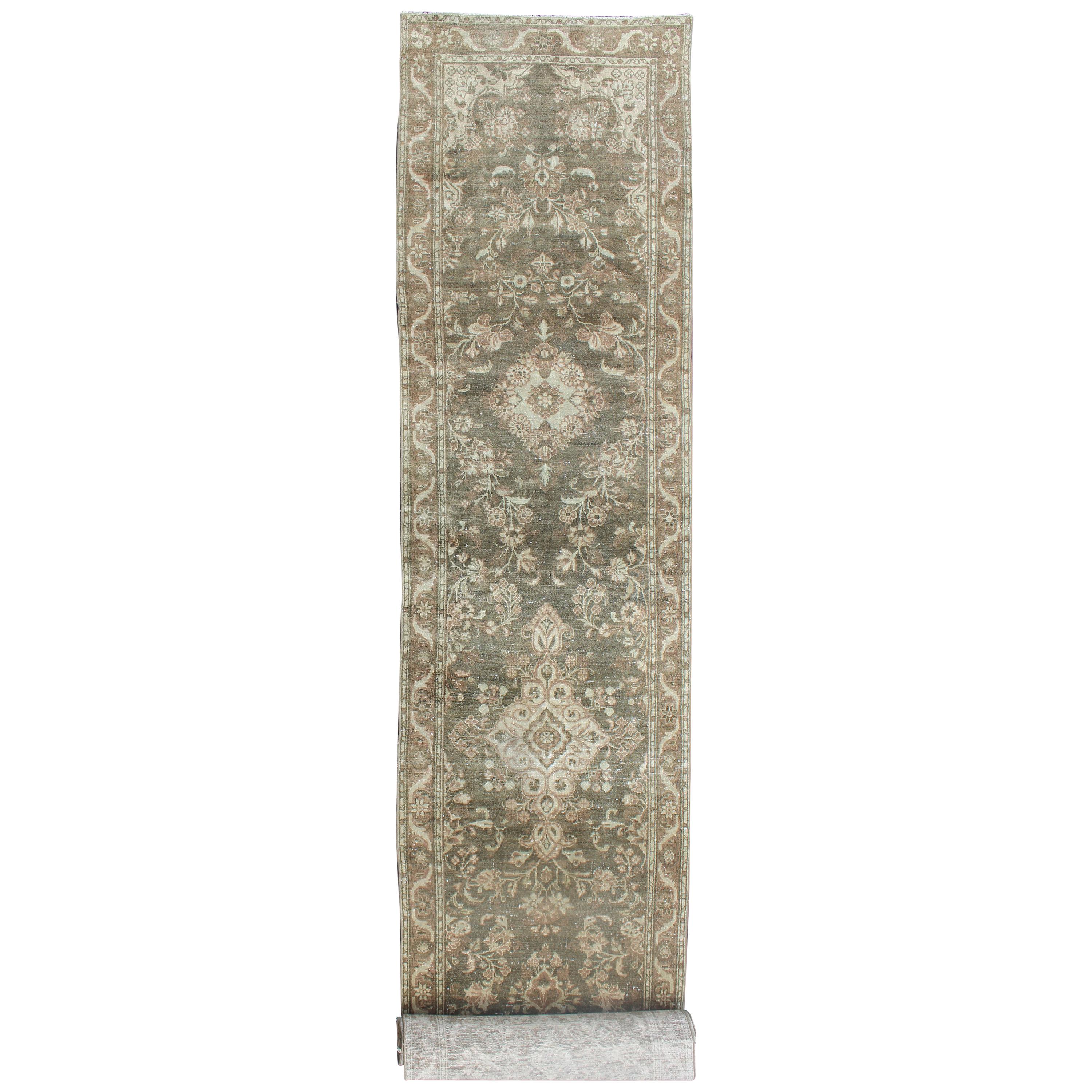Very Long Antique Persian Runner with Floral Medallions in Warm Sage Green