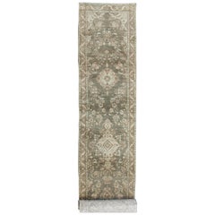 Very Long Vintage Persian Runner with Floral Medallions in Warm Sage Green