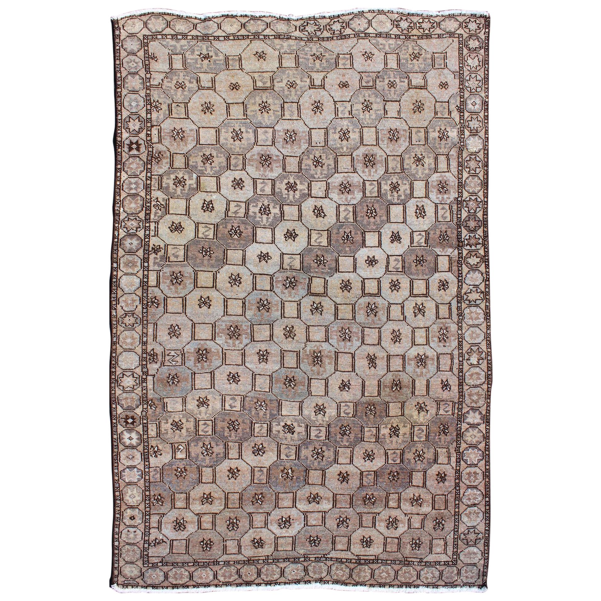 Earth Tone Vintage Persian Karadjeh Rug with All-Over Geometric Design