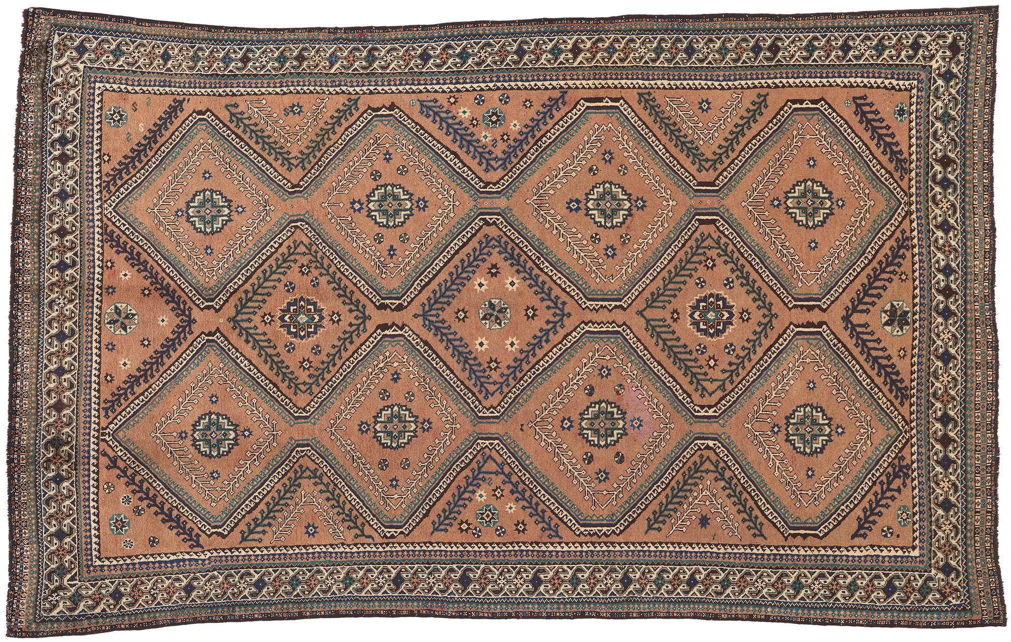 Earth-Tone Vintage Persian Shiraz Rug, Cozy Nomad Meets Beguiling Charm For Sale 3