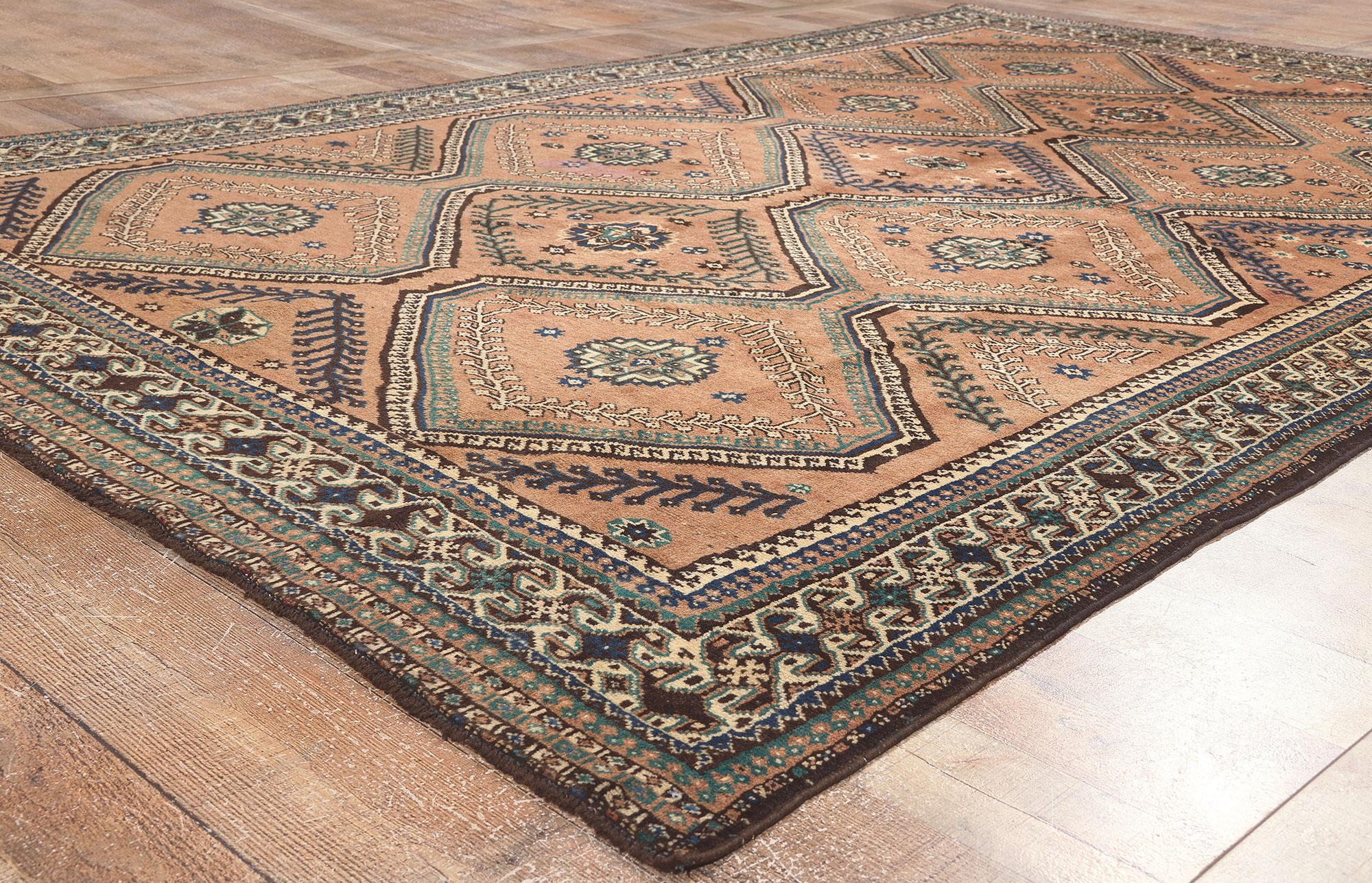 Wool Earth-Tone Vintage Persian Shiraz Rug, Cozy Nomad Meets Beguiling Charm For Sale