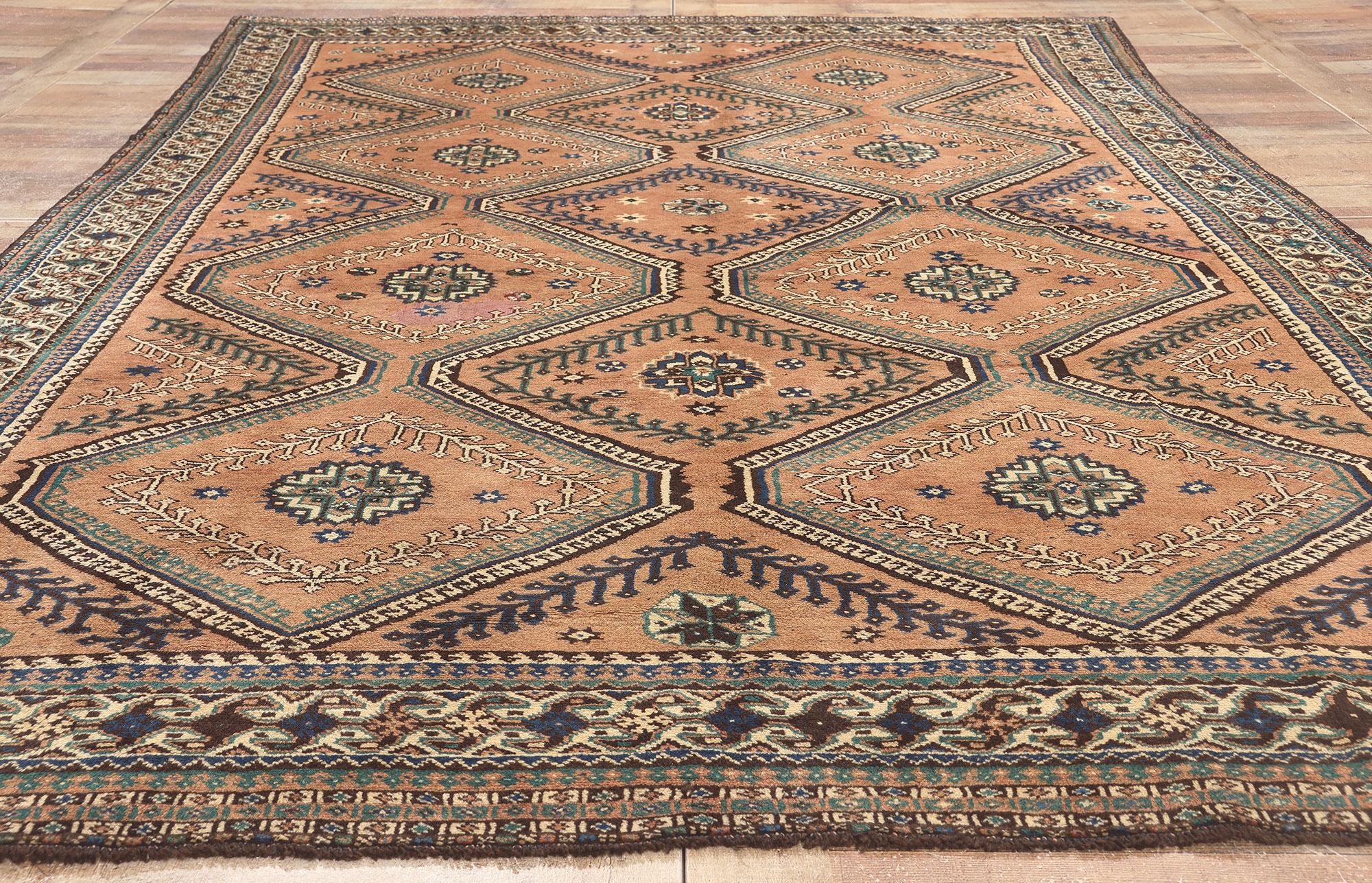Earth-Tone Vintage Persian Shiraz Rug, Cozy Nomad Meets Beguiling Charm For Sale 1