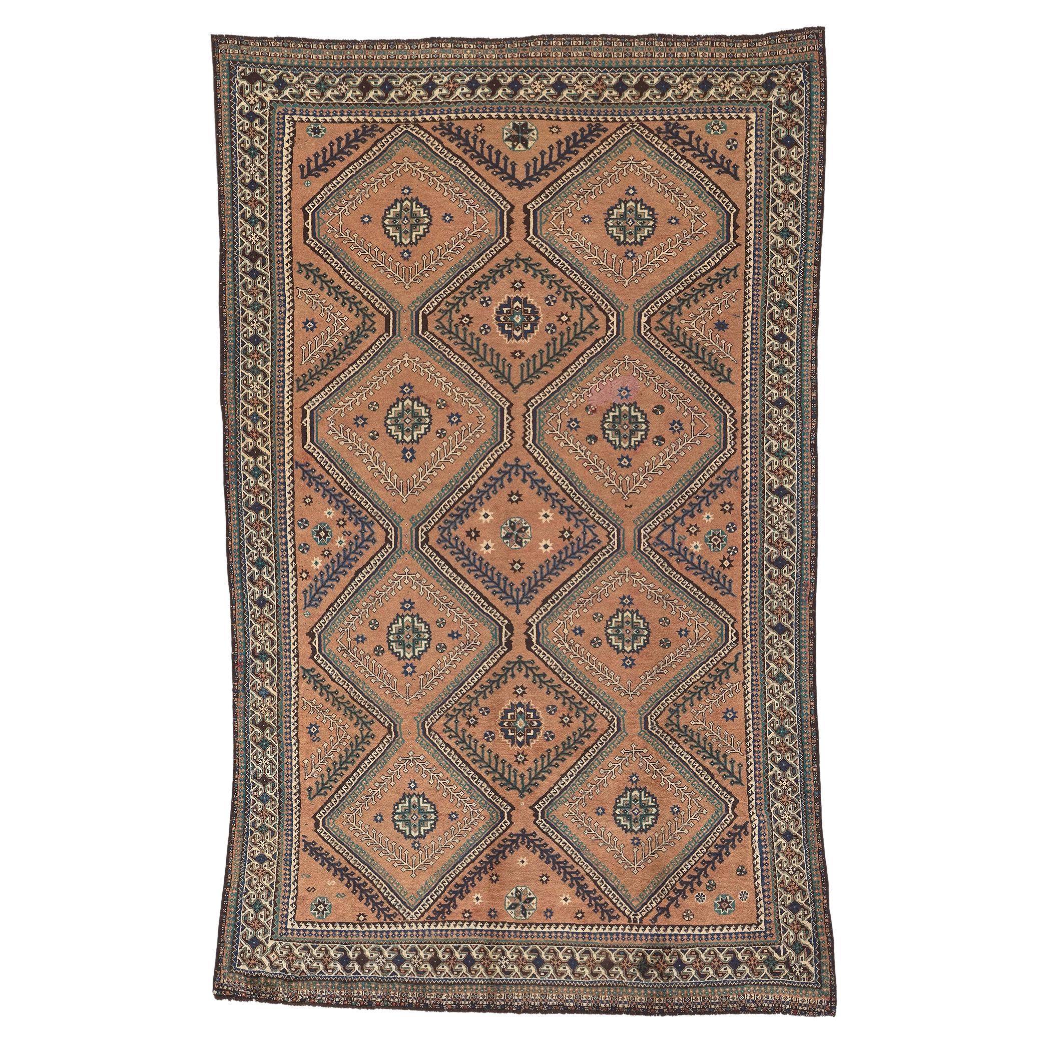 Earth-Tone Vintage Persian Shiraz Rug, Cozy Nomad Meets Beguiling Charm For Sale