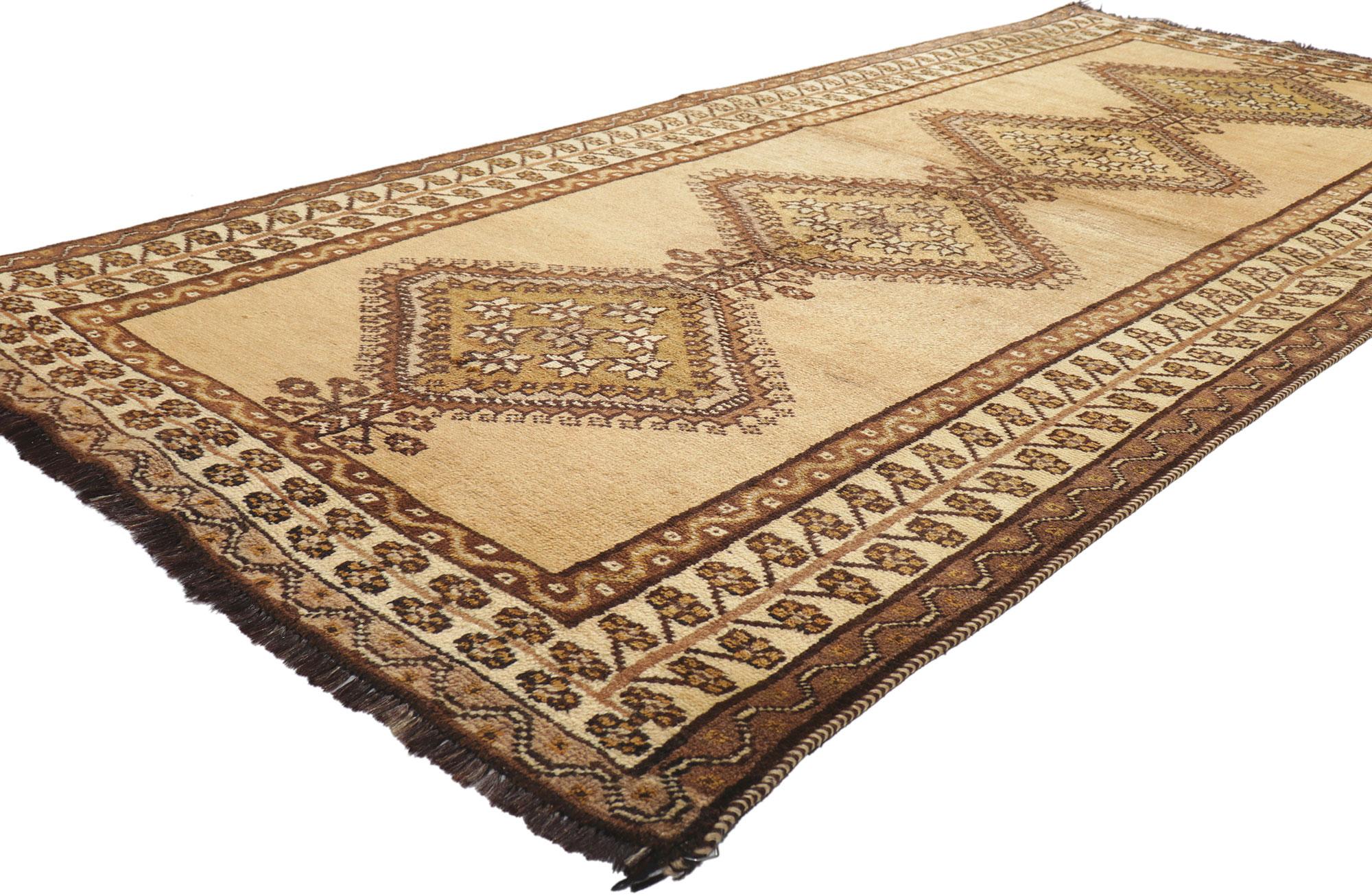 75056 Vintage Persian Shiraz Tribal Rug, 03'10 x 08'06.
Emanating nomadic charm with incredible detail and texture, this hand knotted wool vintage Persian Shiraz rug is a captivating vision of woven beauty. The intricate geometric details and