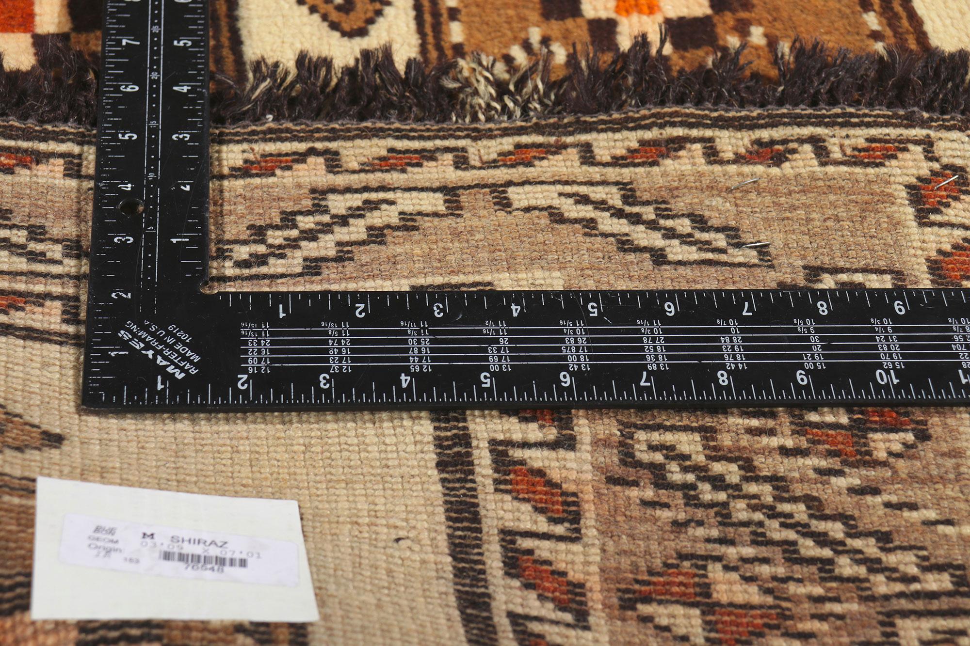 Wool Earth-Tone Vintage Persian Shiraz Tribal Rug For Sale