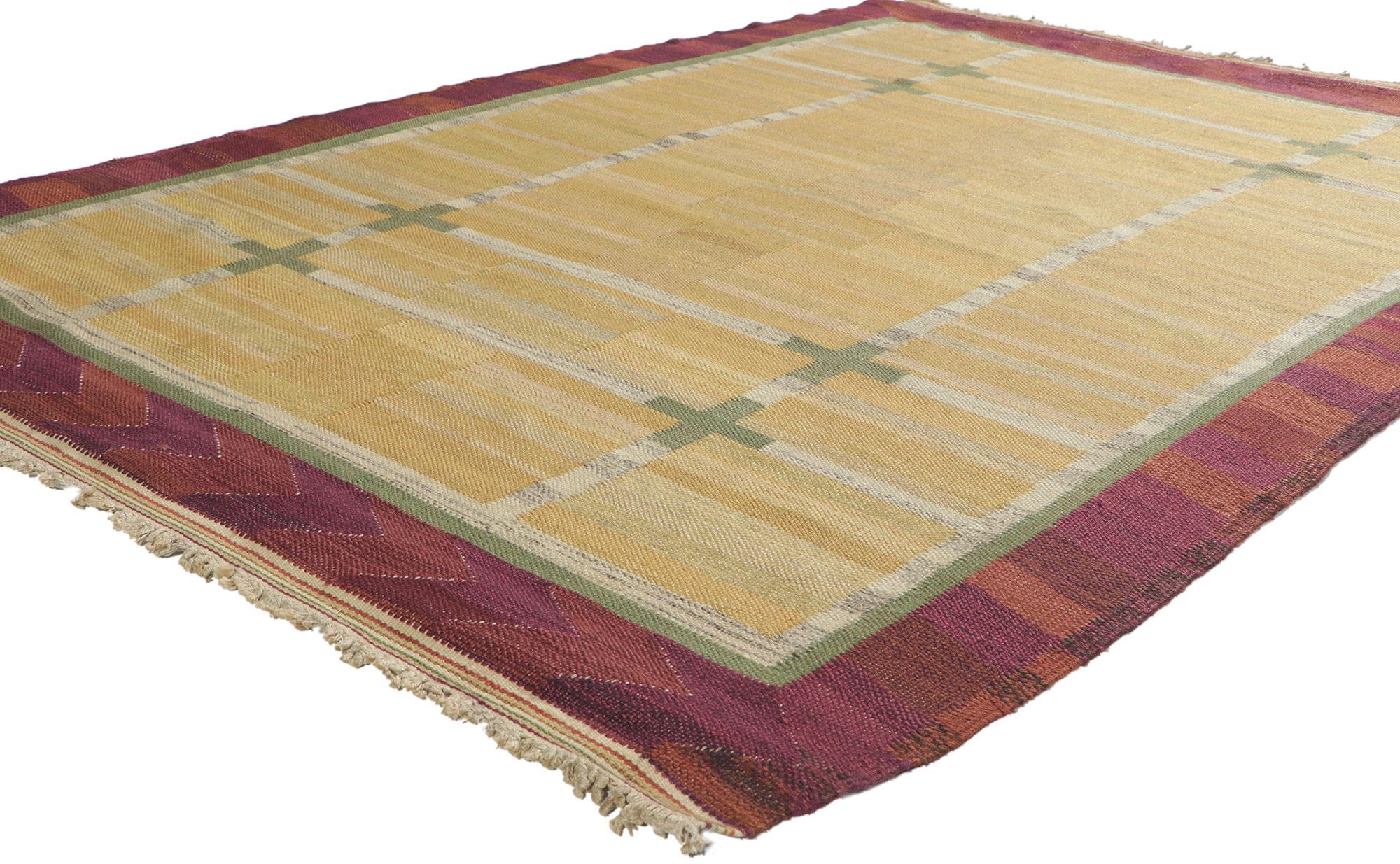78488 Vintage Swedish Kilim Rollakan Rug, 04'07 x 06'09.
Emanating Scandinavian Modern design with incredible detail and texture, this handwoven Swedish rollakan rug is a captivating vision of woven beauty. The eye-catching geometric design and