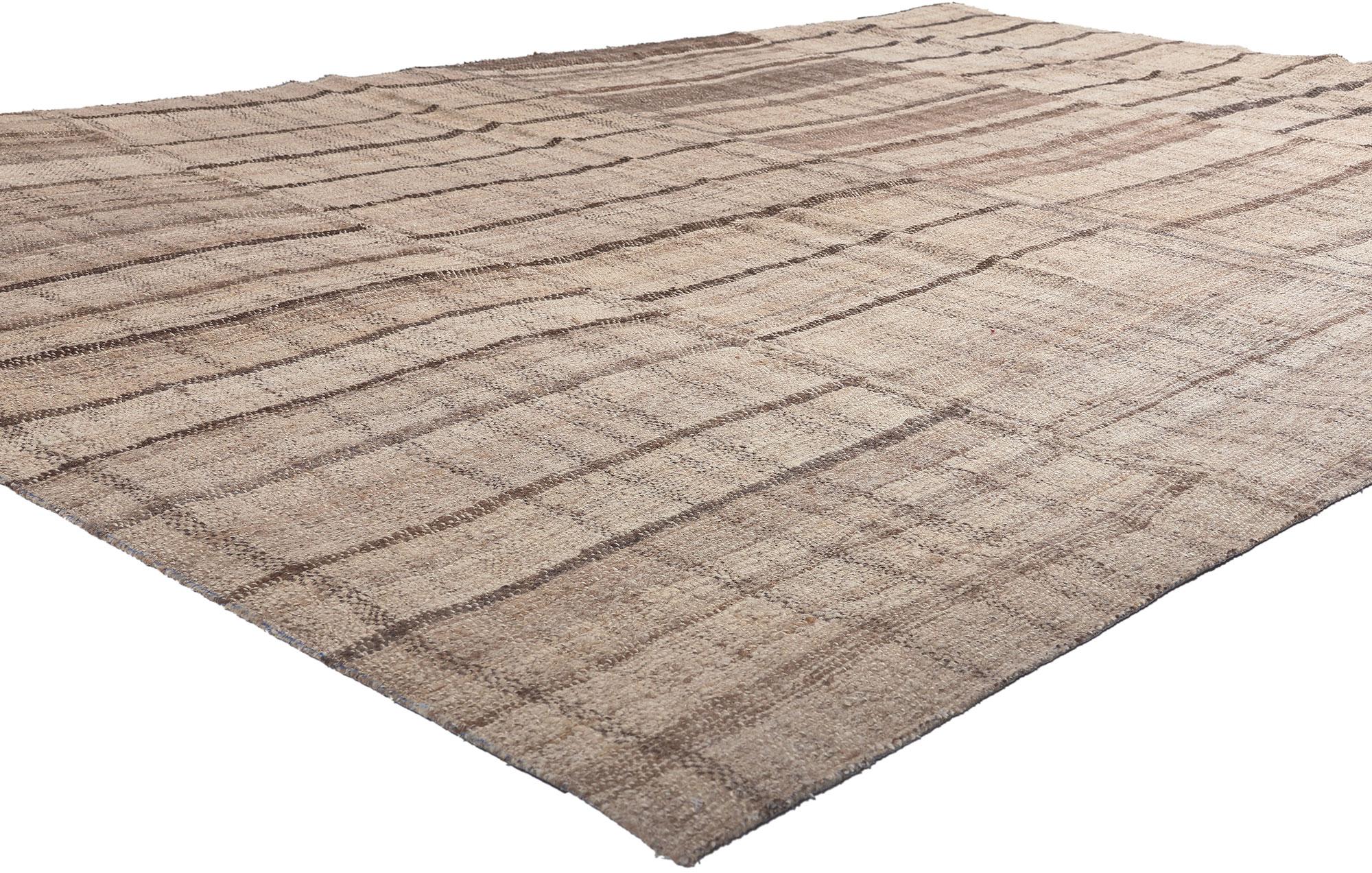 60637 Brown Vintage Striped Turkish Kilim Rug, 09'10 x 06'06. This handwoven wool vintage Turkish kilim rug embodies the essence of Shibu, seamlessly intertwining with a dedication to sustainable design, creating a masterpiece that effortlessly