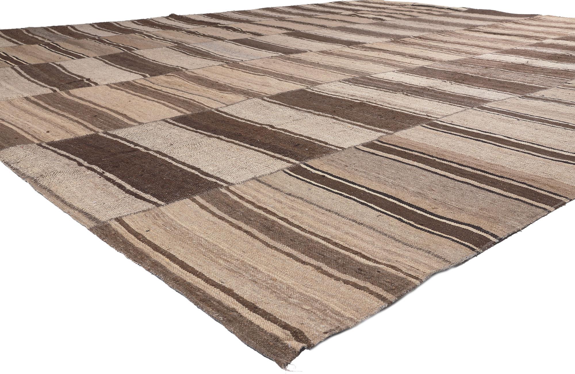 60635 Brown Vintage Striped Turkish Kilim Rug, 13'00 x 16'00. In the creation of this vintage Turkish kilim rug, the essence of Wabi-Sabi gracefully intertwines with a commitment to sustainable design, giving rise to a masterpiece that effortlessly