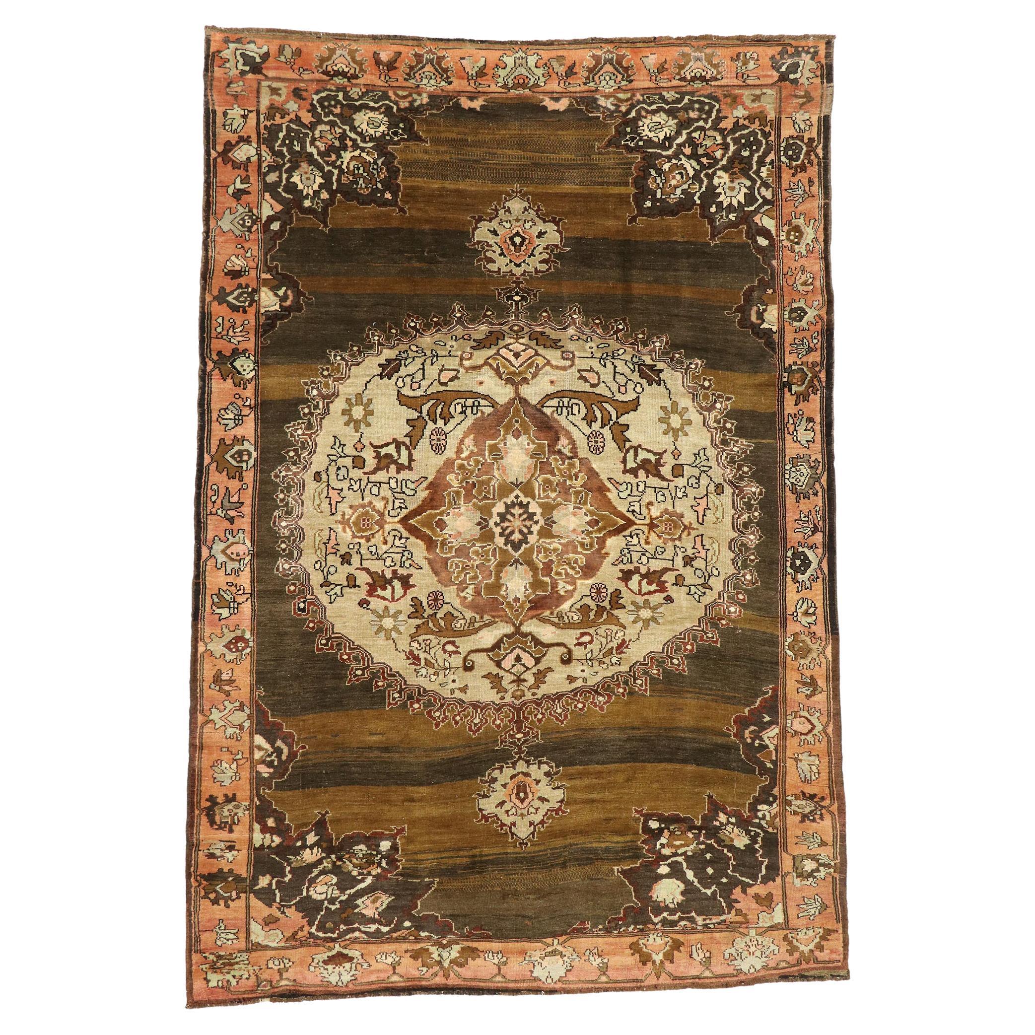 Earth-Tone Vintage Turkish Oushak Carpet 