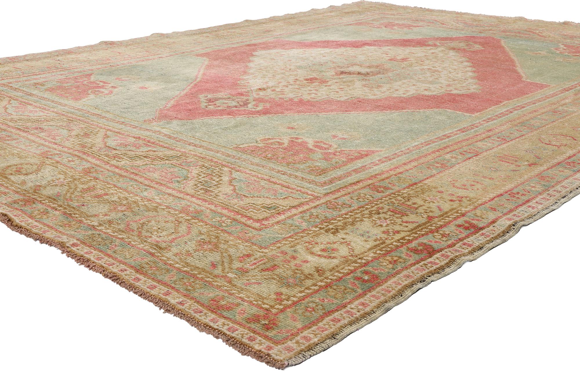 53889 Vintage Turkish Oushak Rug, 06'03 x 09'08. Emerging from the Western expanse of Oushak in Turkey, Turkish Oushak rugs have garnered widespread admiration for their intricate patterns, gentle color schemes, and premium wool materials.