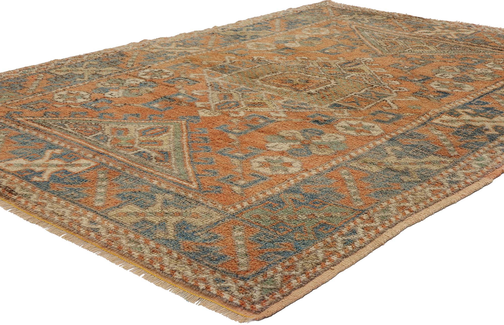 53899 Vintage Orange Turkish Oushak Rug, 04'00 x 05'08. Bringing together Bohemian flair and nomadic allure, this hand-knotted wool Turkish Oushak rug enchants with its vibrant orange hues and intricate tribal design. At its core lies a captivating