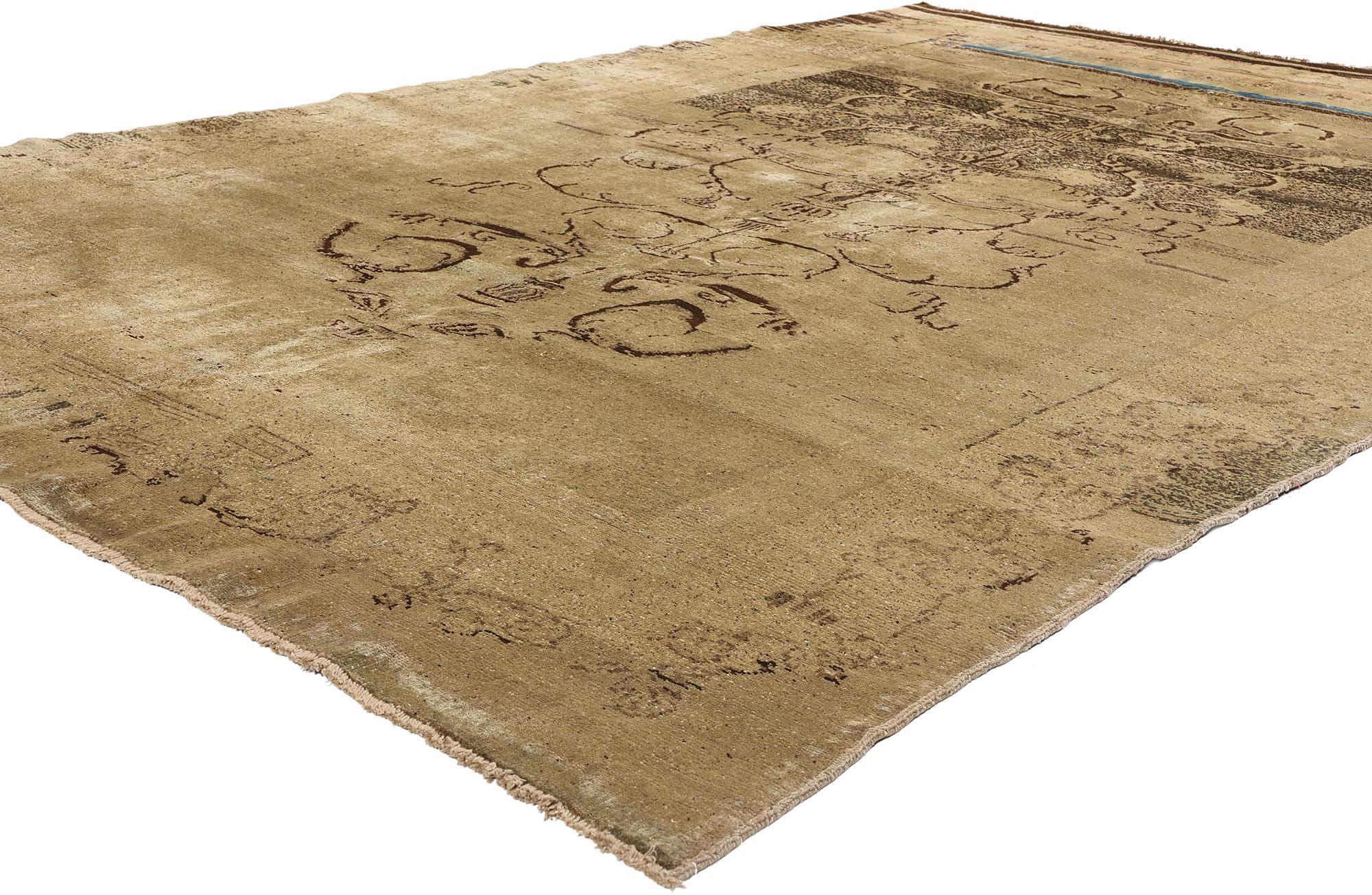 51454 Vintage Earth-Tone Turkish Oushak Rug, 07'00 x 11'03. Like an ancient parchment softened by centuries, this hand-knotted wool vintage Turkish Oushak rug reveals its secrets in whispers and shadows. A faint botanical reverie unfolds across the