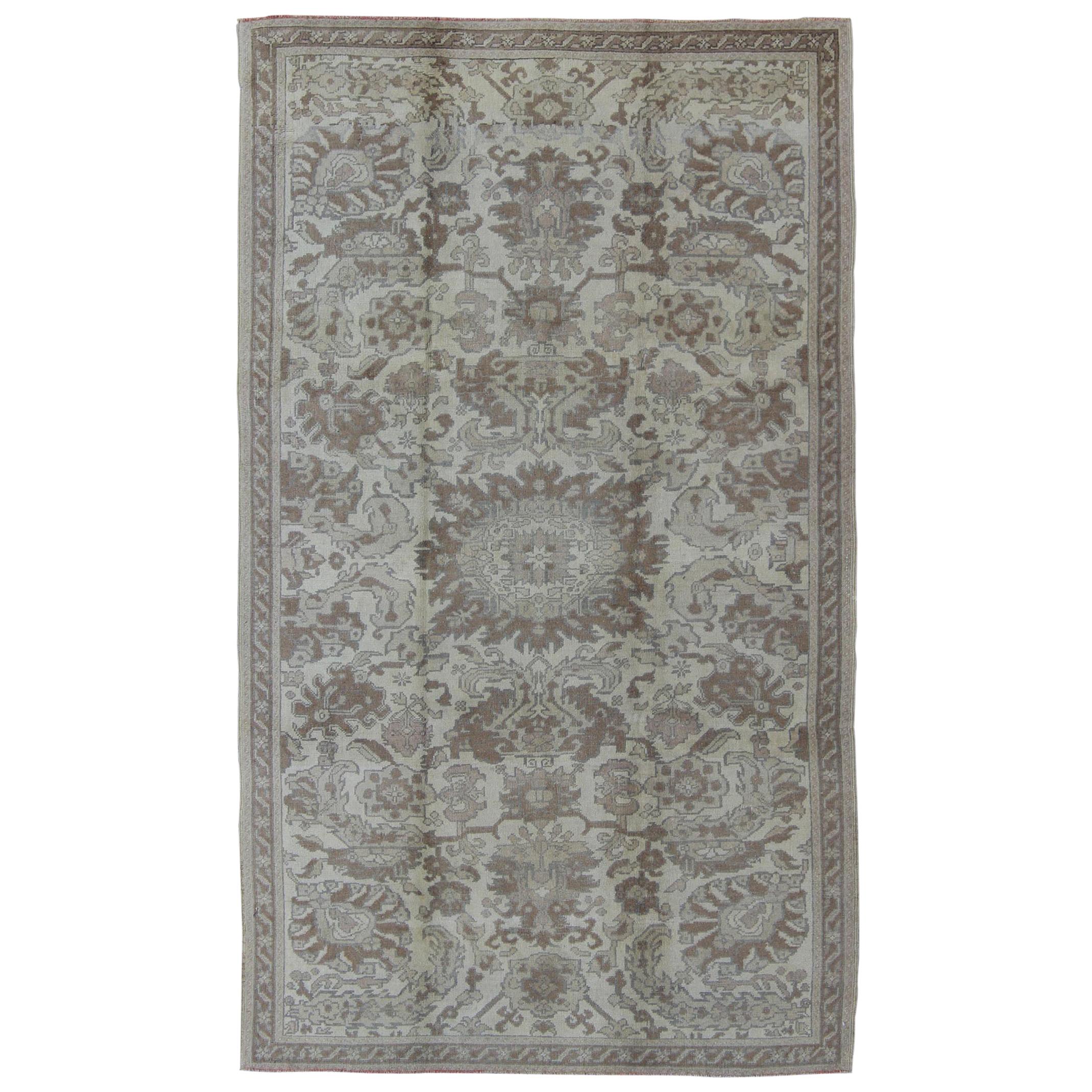 Earth Tone Vintage Turkish Oushak Rug with All-Over Floral Design
