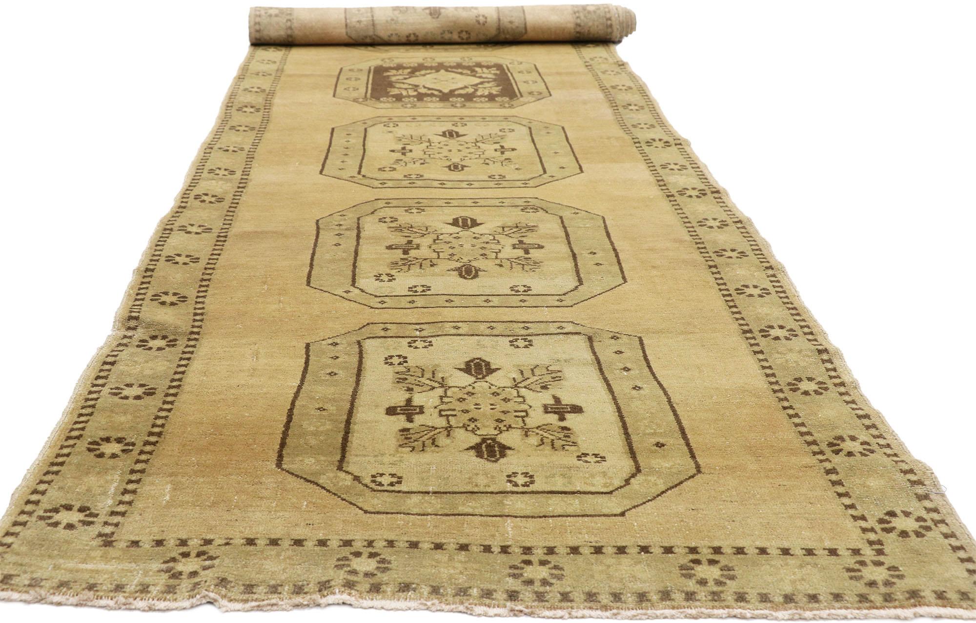Earth-Tone Vintage Turkish Oushak Runner In Good Condition For Sale In Dallas, TX